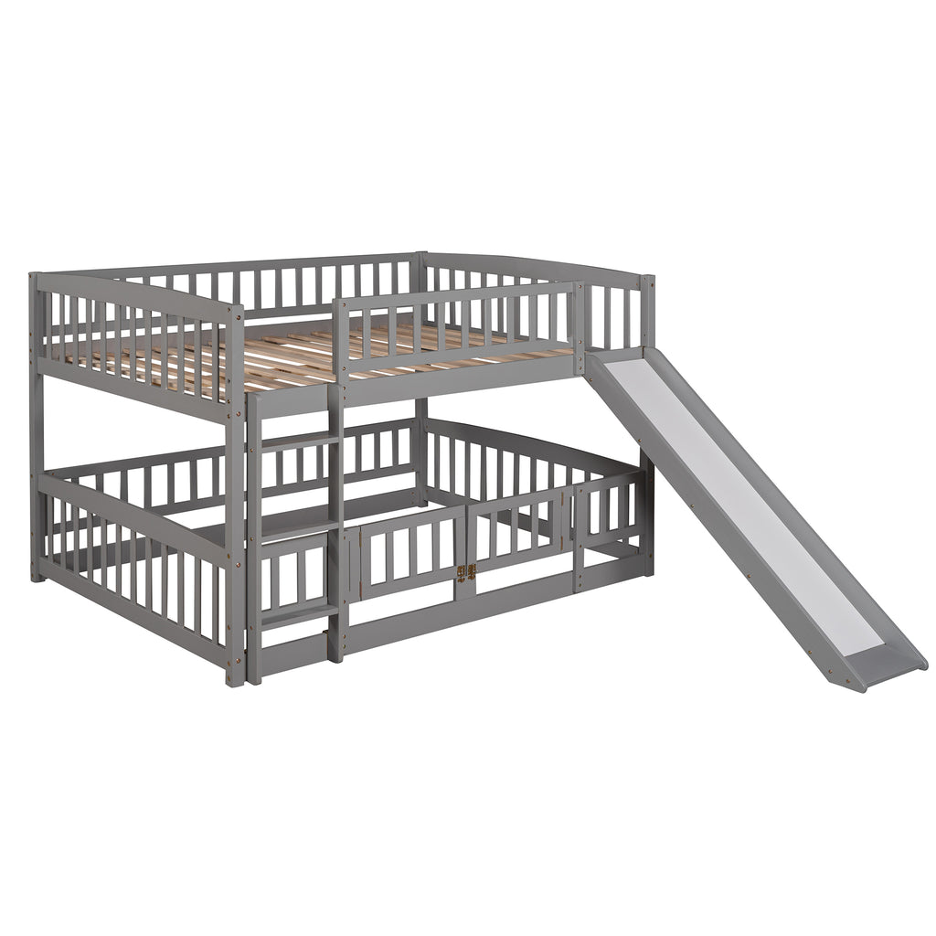 Gray full over full bunk bed open lower floor bed play space