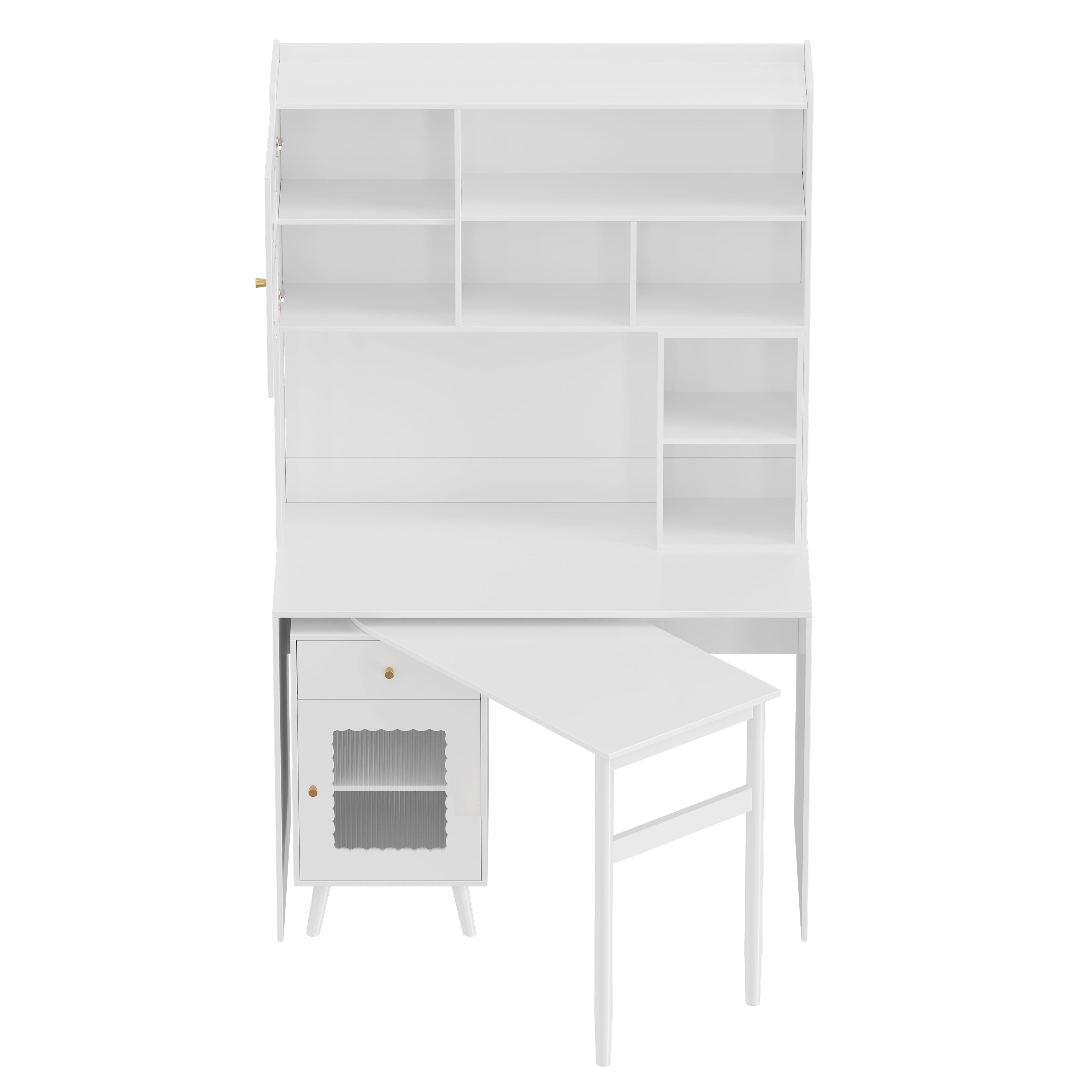 White computer desk glass-door cabinet interior view