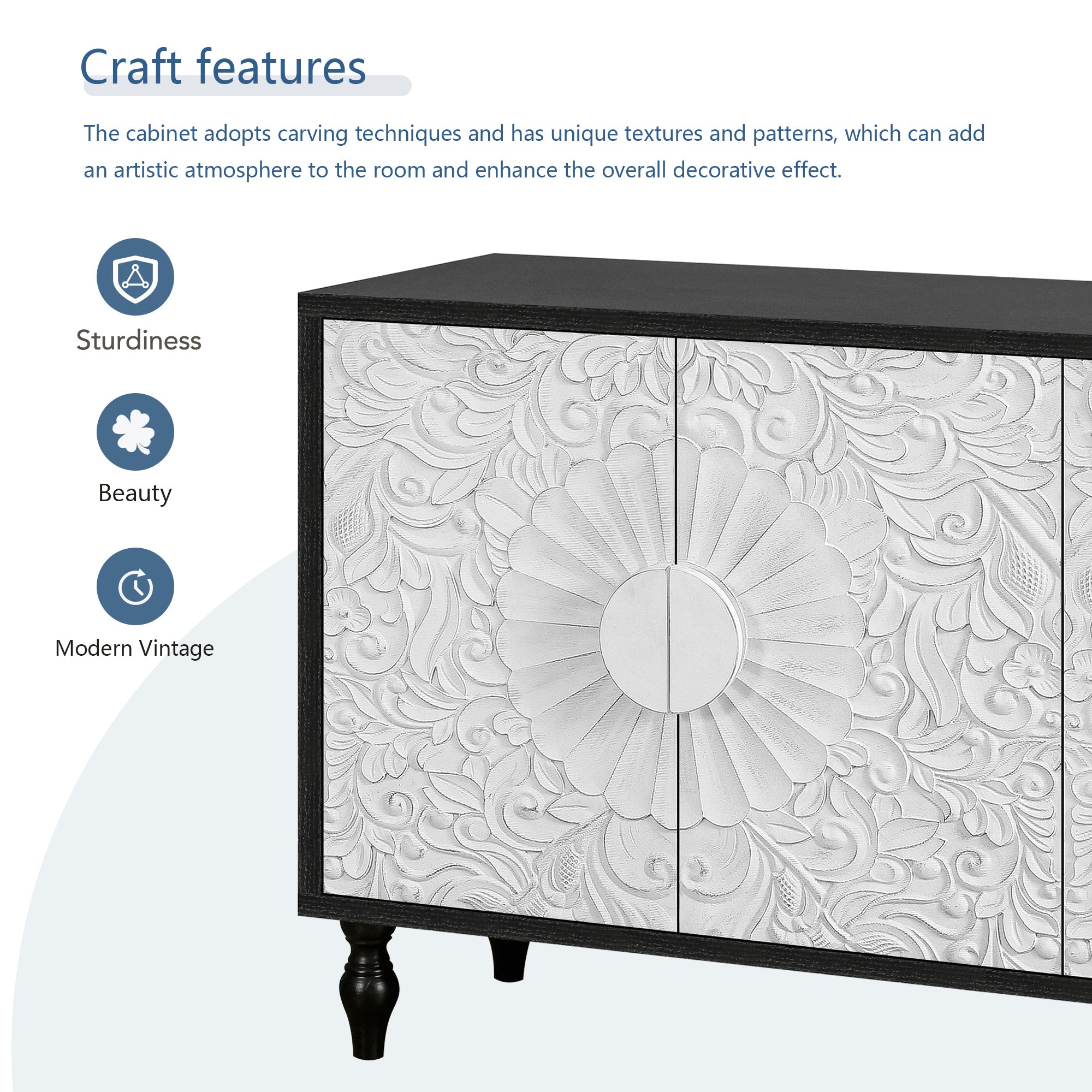 Vintage sideboard back panel cable pass-through detail