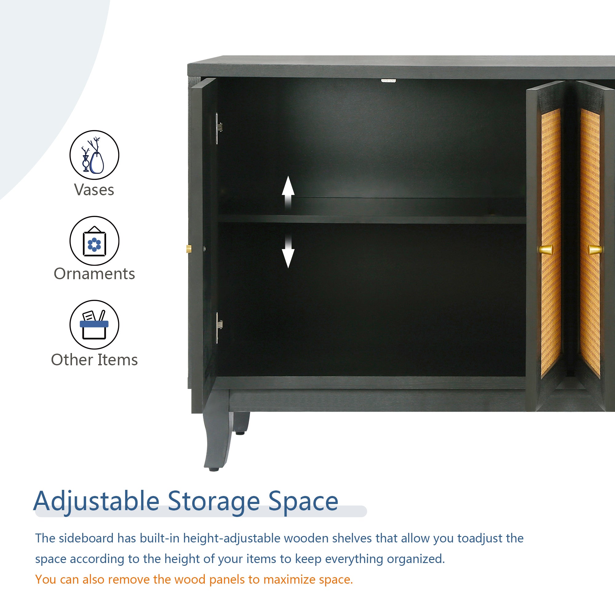 Rattan sideboard cabinet open storage overview