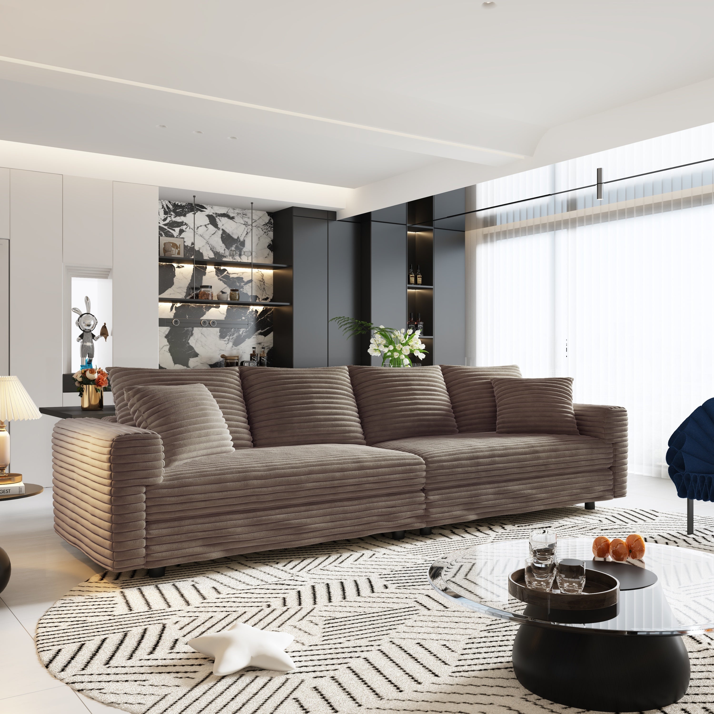 102.4 'Plush Corduroy 4-Seat Sofa,Modern Comfy Upholstered Sofa Cloud Couch,Deep Seat Couches with Soft Pillows and 3 Ottomans,Convertible Sofa Lounge Chair,Black(Old SKU:W1885S00287)