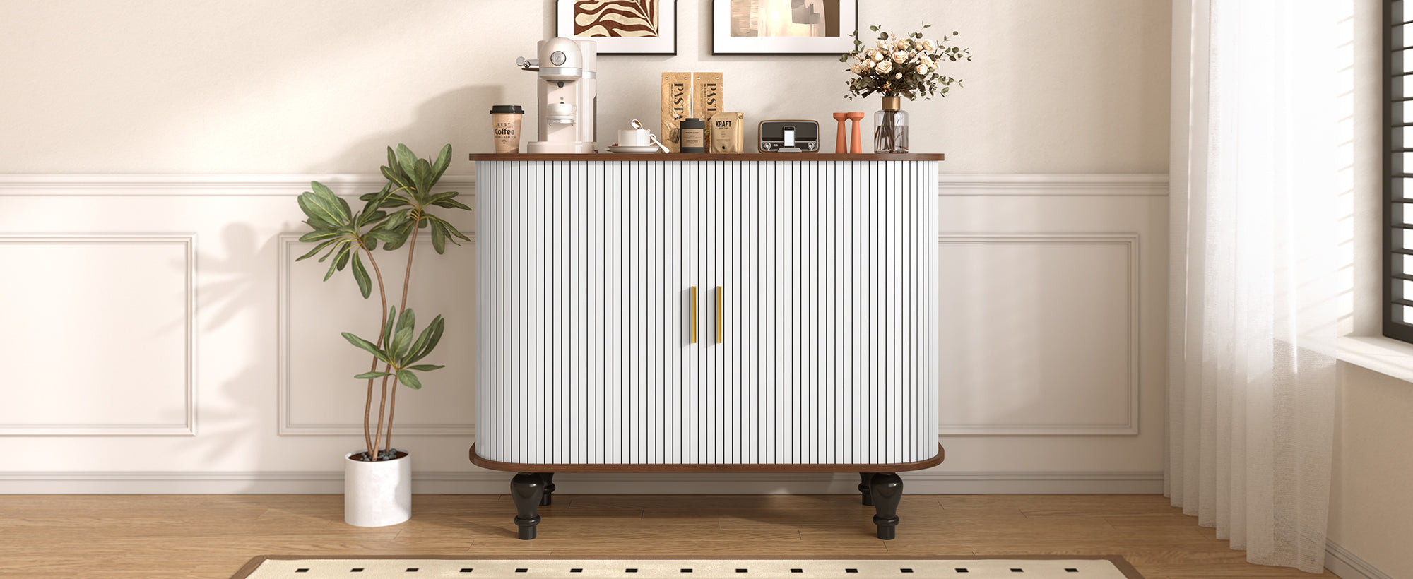 39' Fluted Liquor & Coffee Bar Cabinet with 6 Wine Racks and 3 Glass Holders, Mid-Century Modern Bar Cabinet with A Large Storage Drawer ,4 Hidden Storage Space on the Side , Black