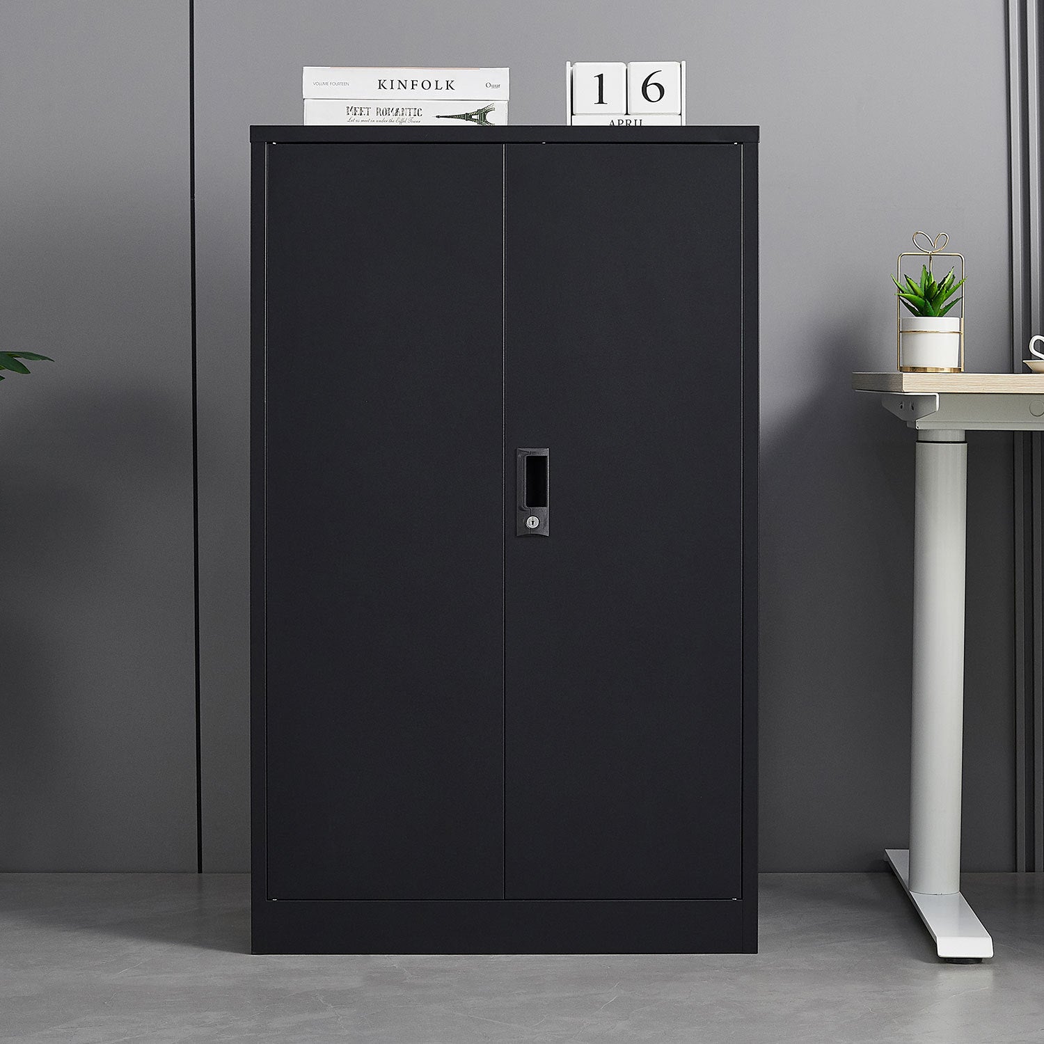 Steel storage cabinet spring-loaded door hinge detail
