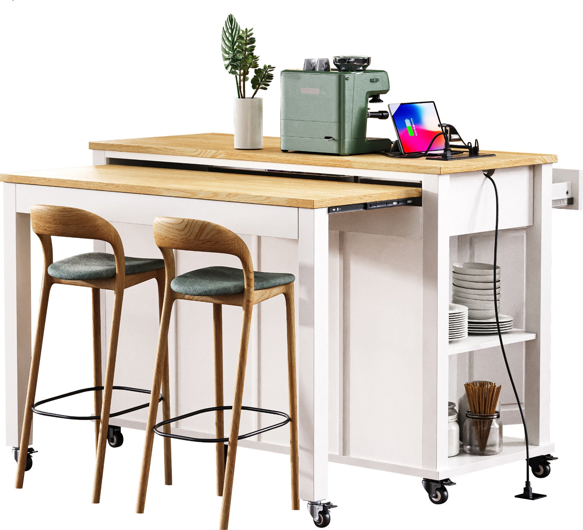 K&K 47 inch Kitchen Island with Extendable Dining Table, Rubber Wood Veneer Kitchen Table with Internal Storage Rack, Power Outlet, Kitchen island with Storage 2 Drawers 2 Cabinet, Black