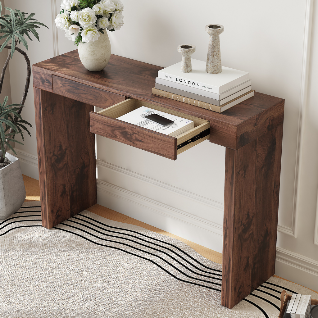 MDF walnut veneer bar table drawer detail