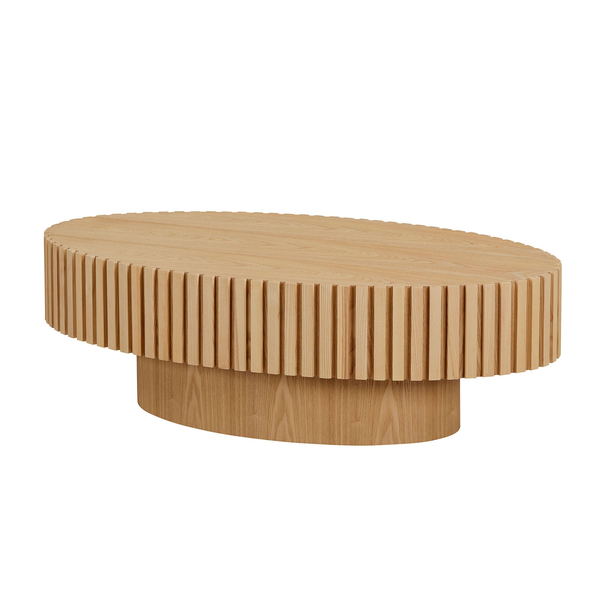 Oval drum coffee table with pedestal base — angle view