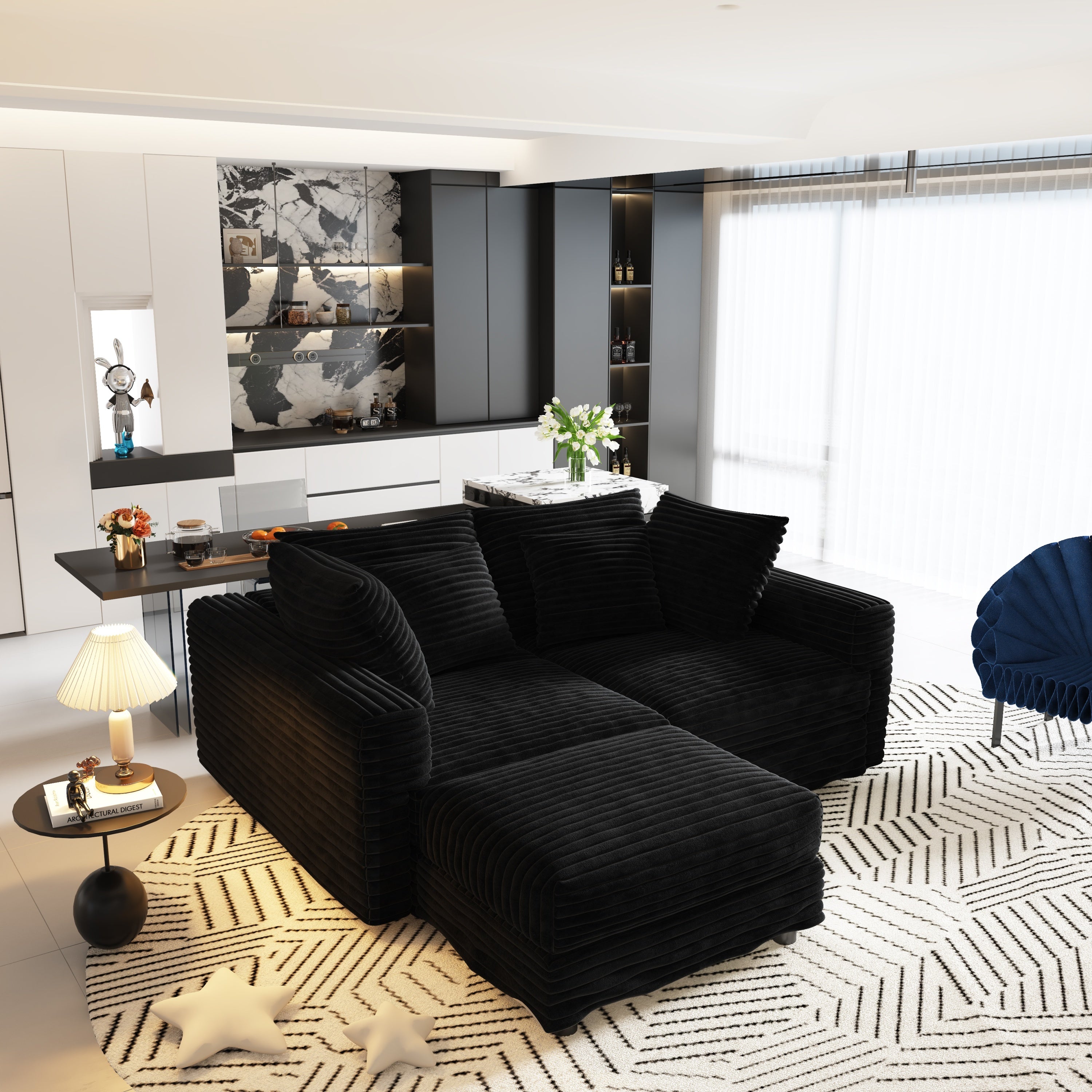 102.4 'Plush Corduroy 4-Seat Sofa,Modern Comfy Upholstered Sofa Cloud Couch,Deep Seat Couches with Soft Pillows and 3 Ottomans,Convertible Sofa Lounge Chair,Black(Old SKU:W1885S00287)