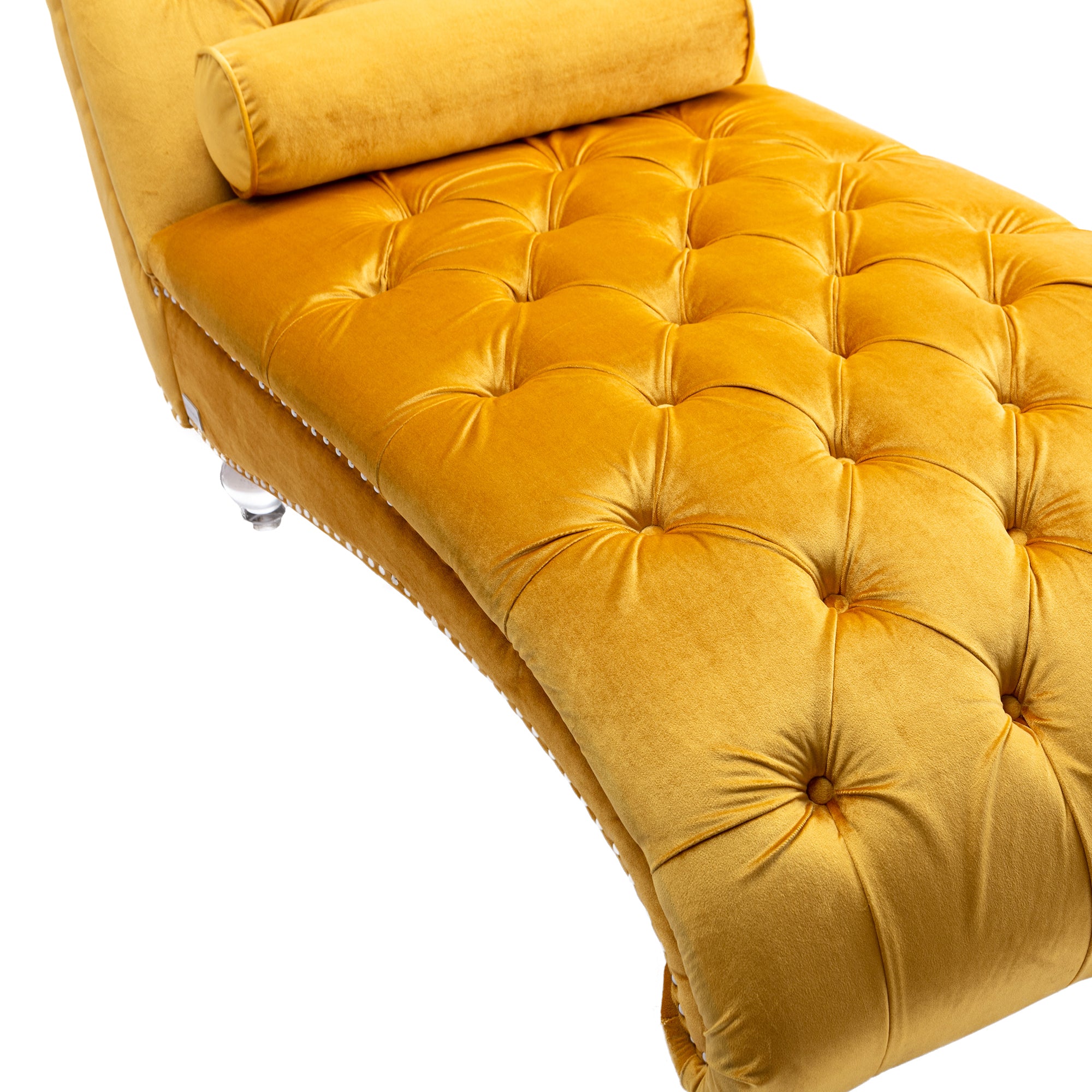Mustard button-tufted chaise lounge product photo