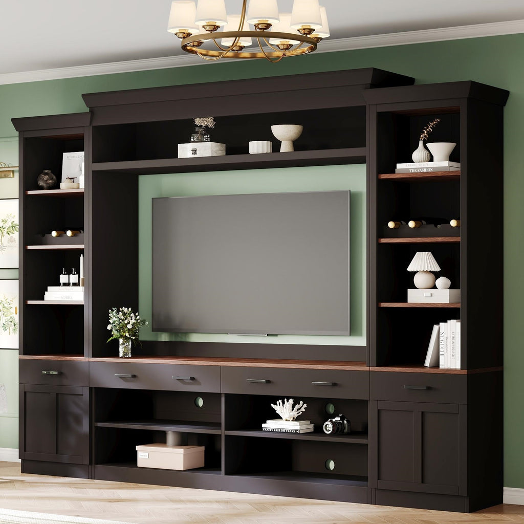 Black walnut farmhouse entertainment center — front view