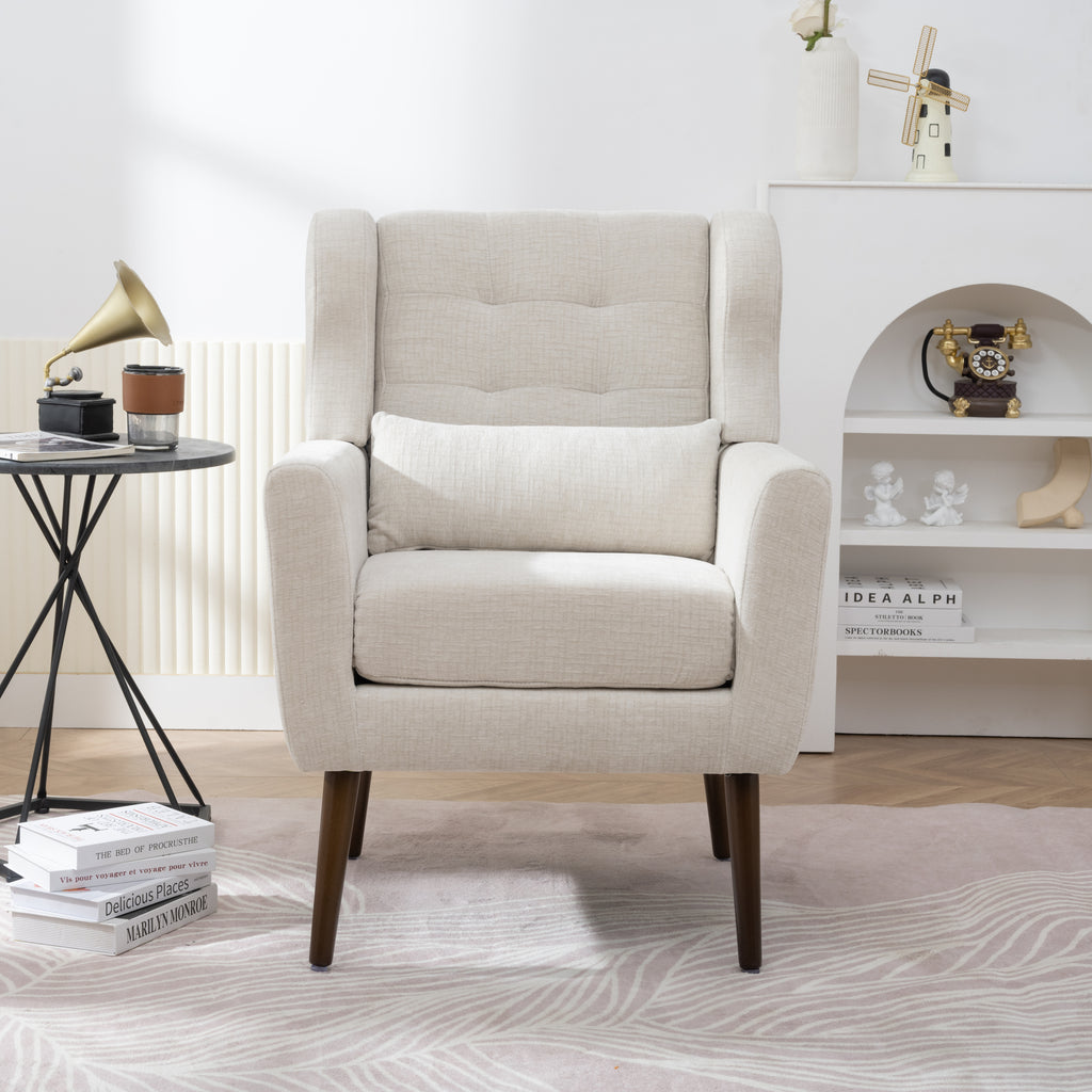 Beige chenille armchair with tapered rubberwood legs