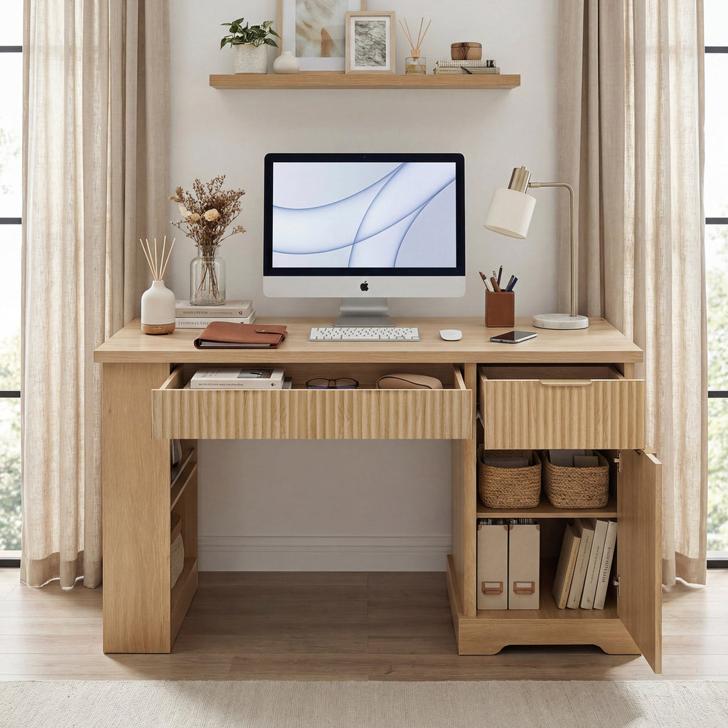 Fluted Office Desk with Pegboard, Charging Station, Keyboard Tray & Storage — 55-Inch