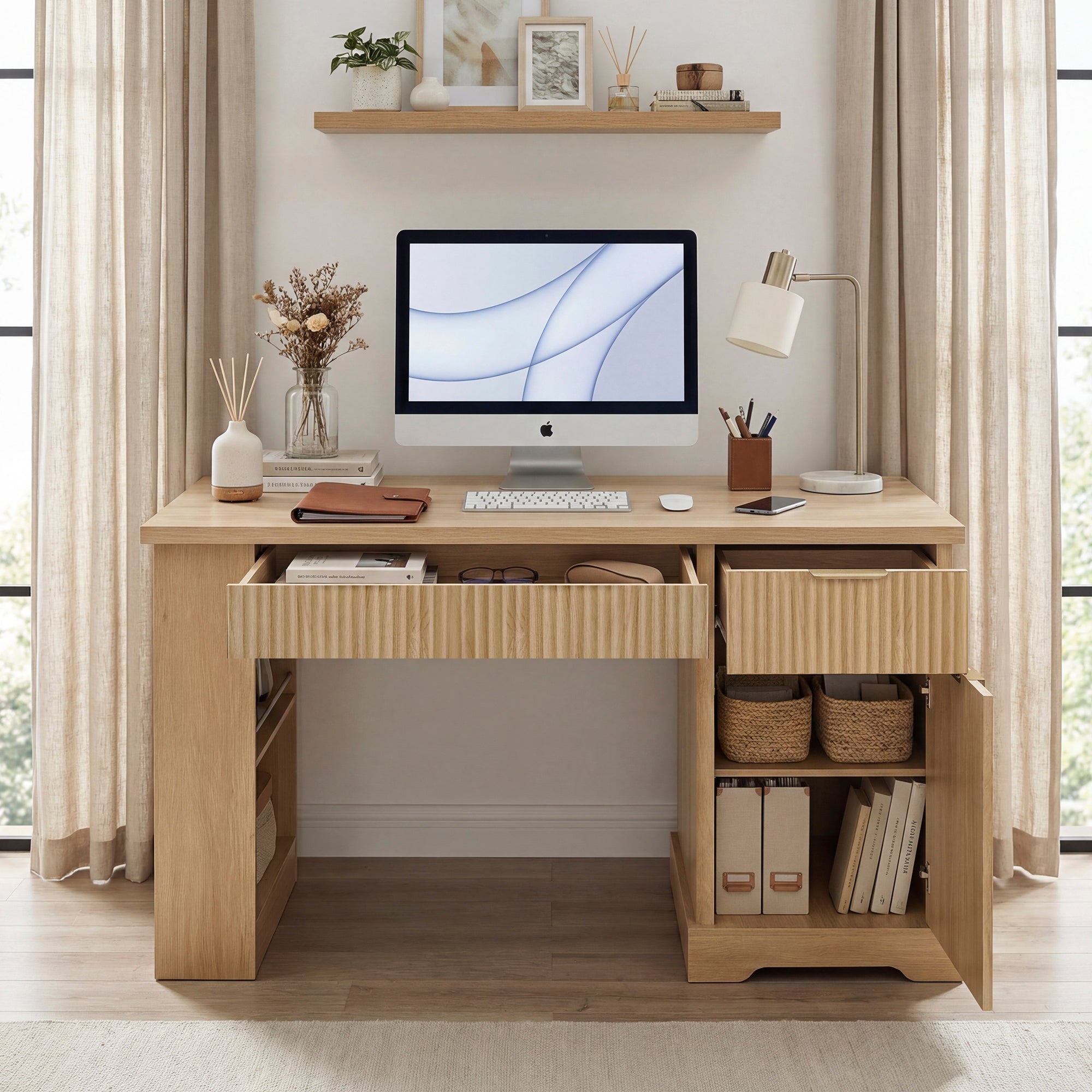 Fluted Office Desk with Pegboard, Charging Station, Keyboard Tray & Storage — 55-Inch