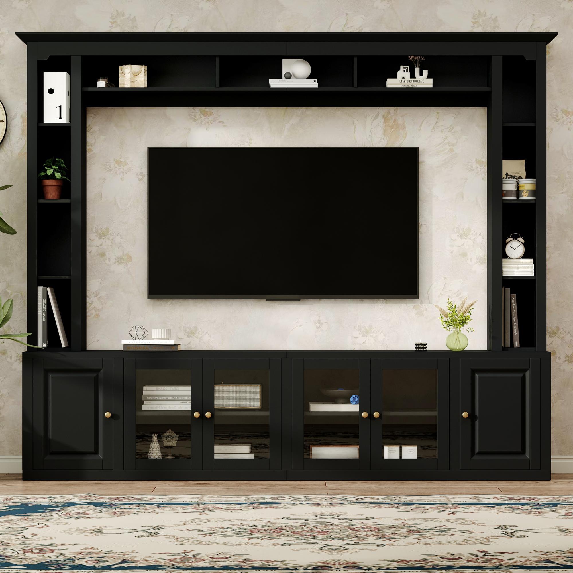 4-piece black media console with tempered glass doors for living room