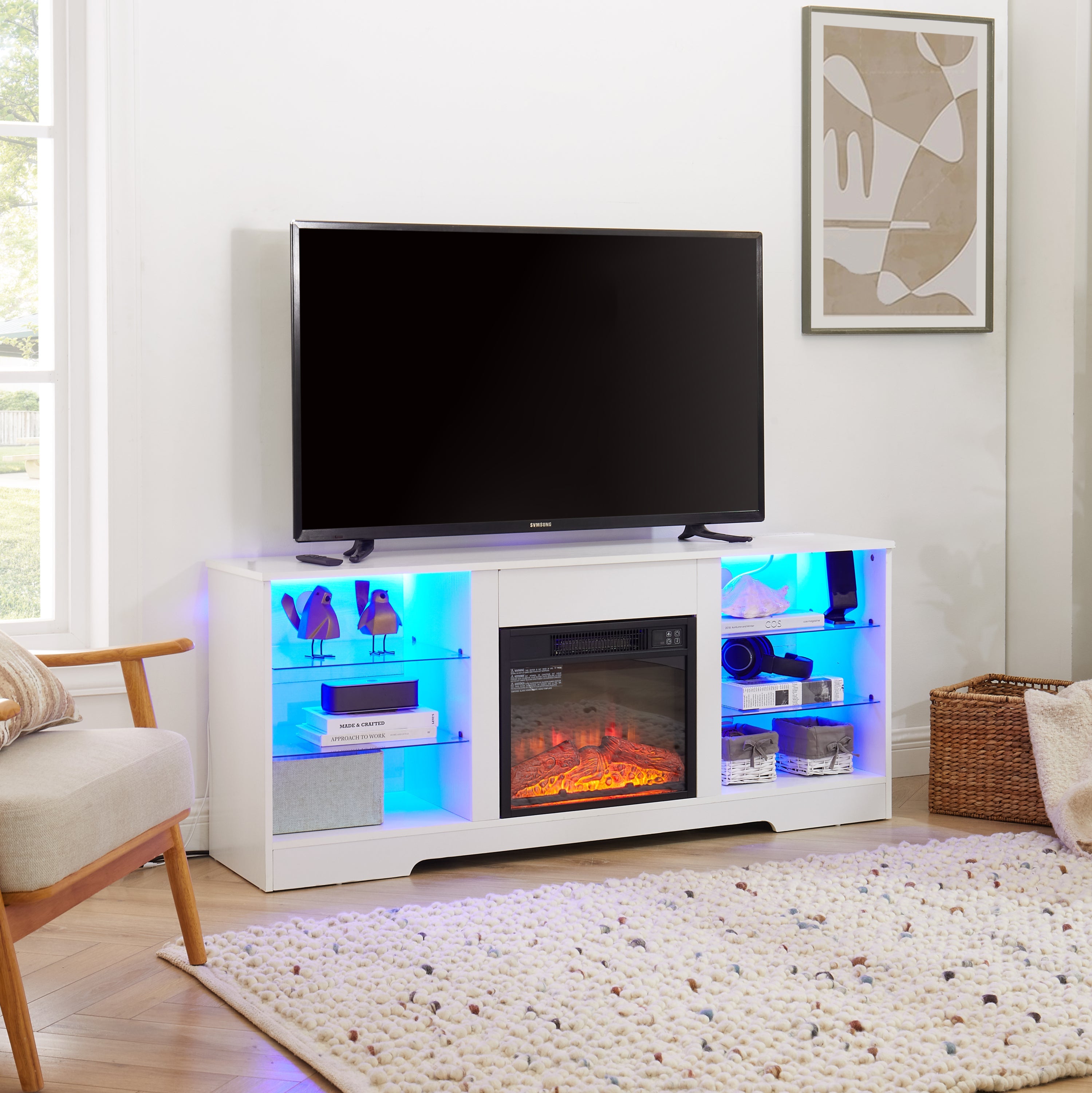 TV Stand with Electric Fireplace — Glass Shelves & USB Outlets for TVs Up to 62"