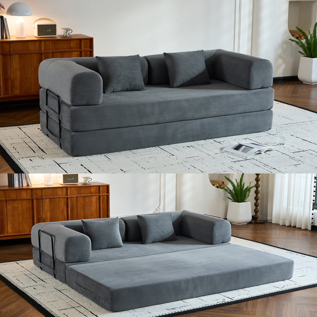 Convertible Sleeper Sofa Bed with Cylindrical Pillow, Corduroy Folding Mattress Couch with Fixed-Shape Frame, Floor Sofa Lounge Couch for Living Room Bedroom Black