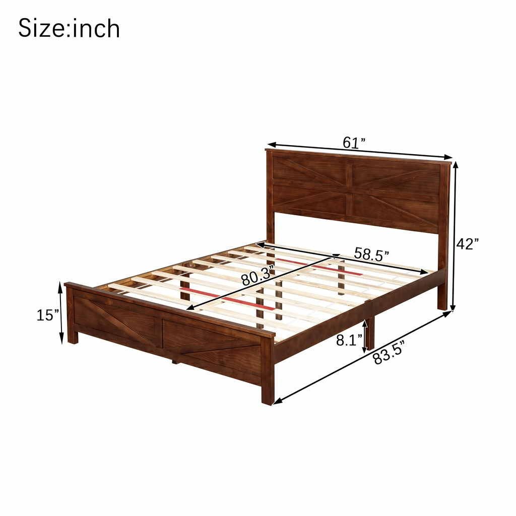 Farmhouse Style Queen Size Bed with Barn Door Designed Headboard and Footboard, Pinewood Bed with Strengthened Bed Frame ,White