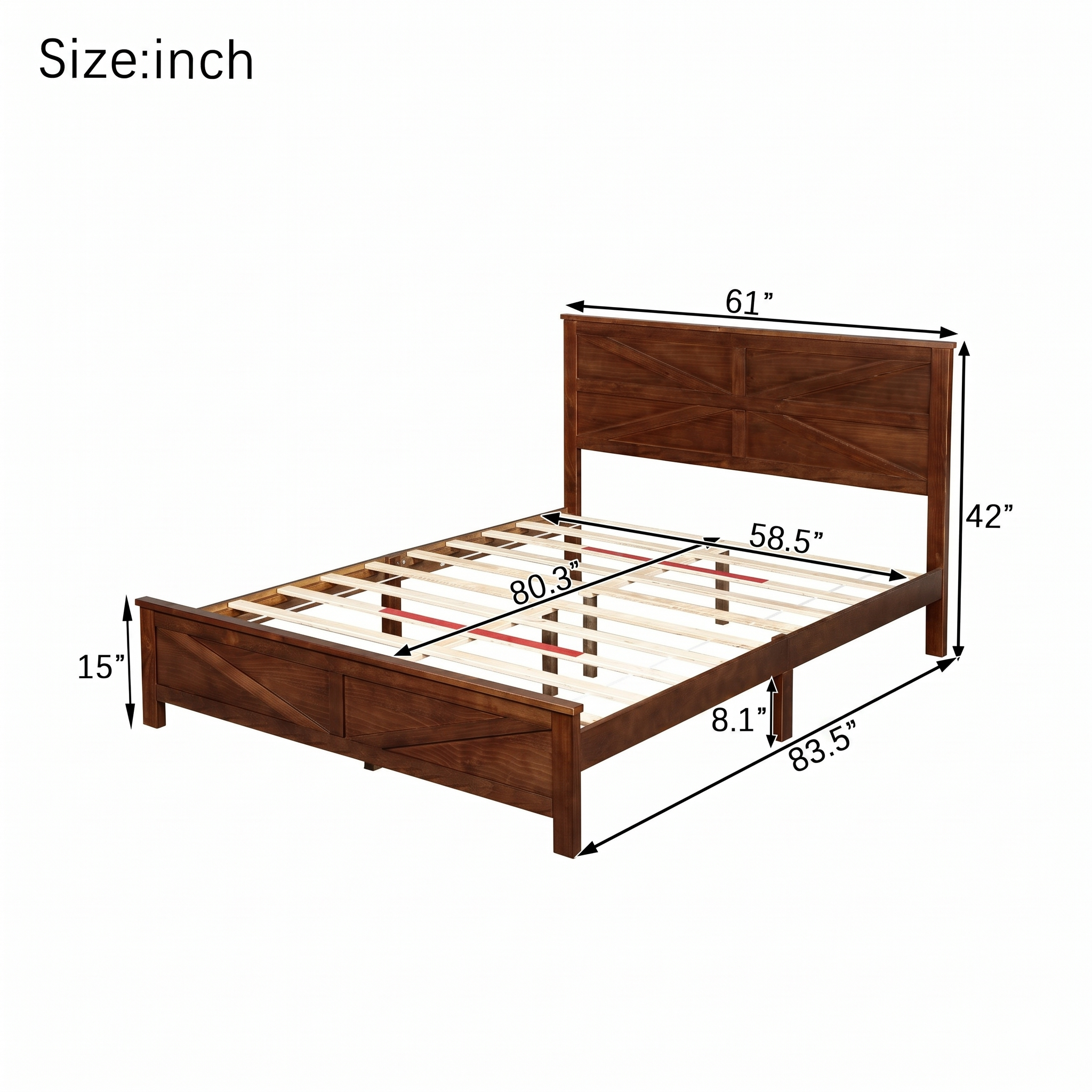 Farmhouse Style Queen Size Bed with Barn Door Designed Headboard and Footboard, Pinewood Bed with Strengthened Bed Frame ,White