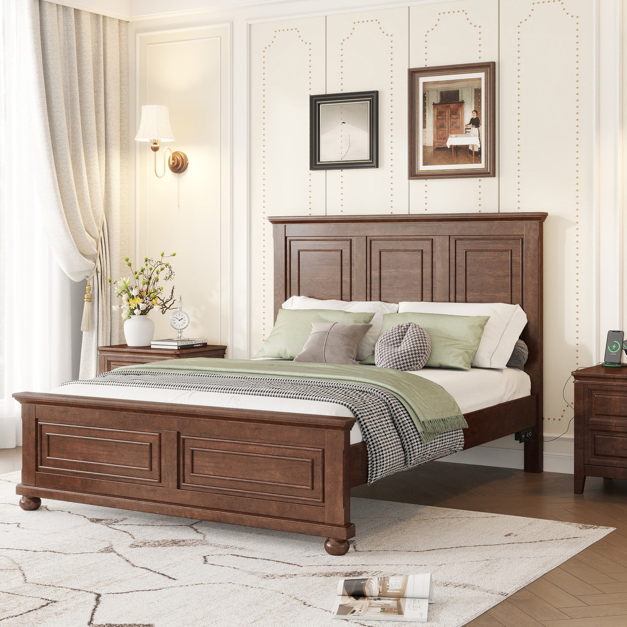 Queen Size Bed with Tall Headboard & Footboard, USB Charging Station, Pinewood Bed with Strengthened Bed Frame,Walnut