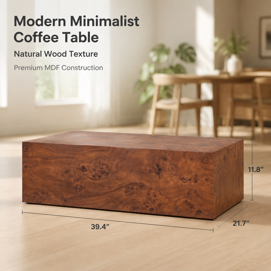 Burl walnut cube table height adjustable foot pads — angle view