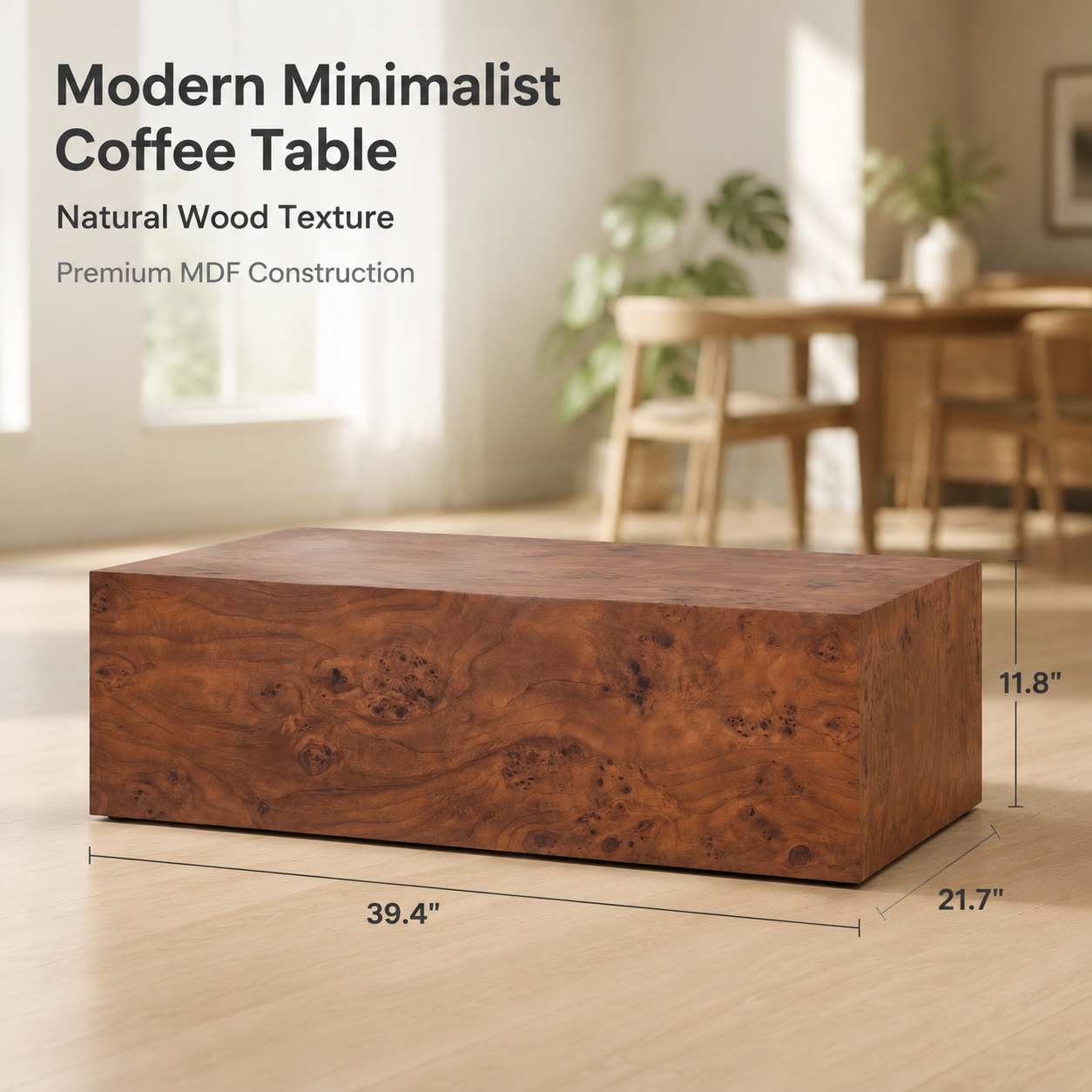Burl walnut cube table height adjustable foot pads — angle view