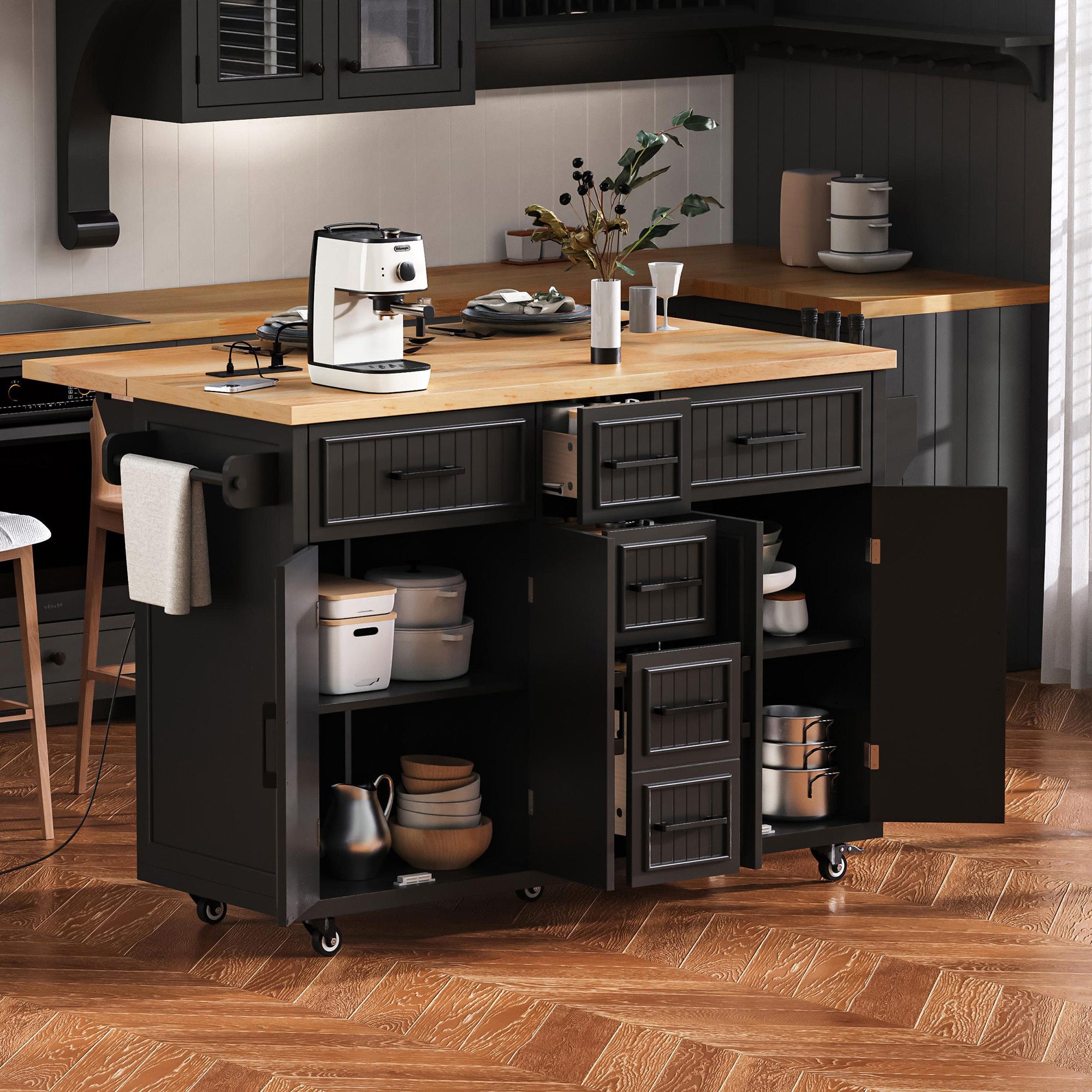 K&K 56.5'' Kitchen Island with Drop Leaf, Power Outlet, Embossed Vertical Stripe Rolling Kitchen Cart on Wheels with 4 Doors , 5 Deep Drawers and Adjustable Shelves, for Kitchen, Dining Room, Black