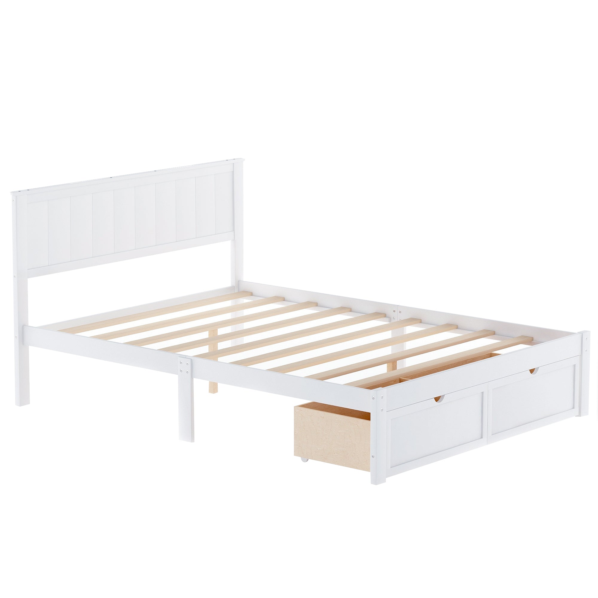 White full size bed wood slat support — no box spring