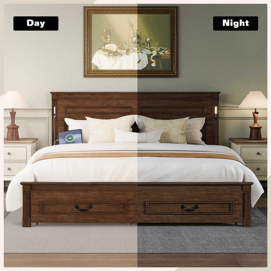 King Size Bed with Tall-Panel Headboard & Footboard, 2 Storage Drawers, Built-in LED Lights, USB Charging Station, Pinewood Bed with Strengthened Bed Frame ,White