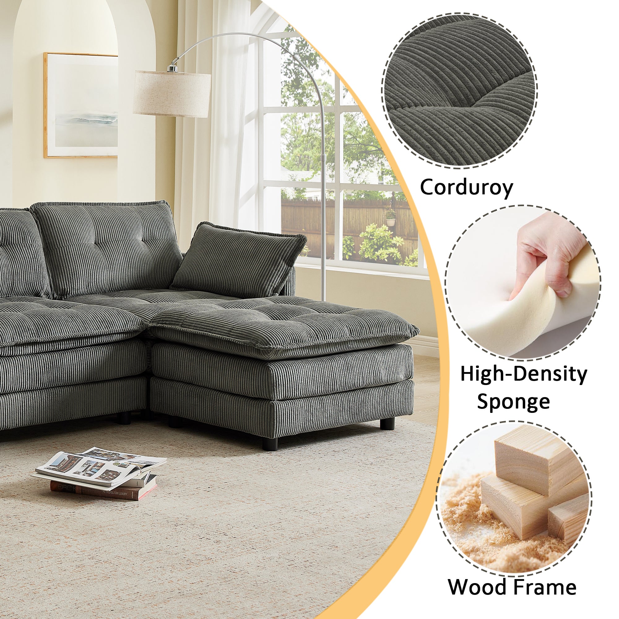 Modular gray U-shaped sectional with center console cup holders
