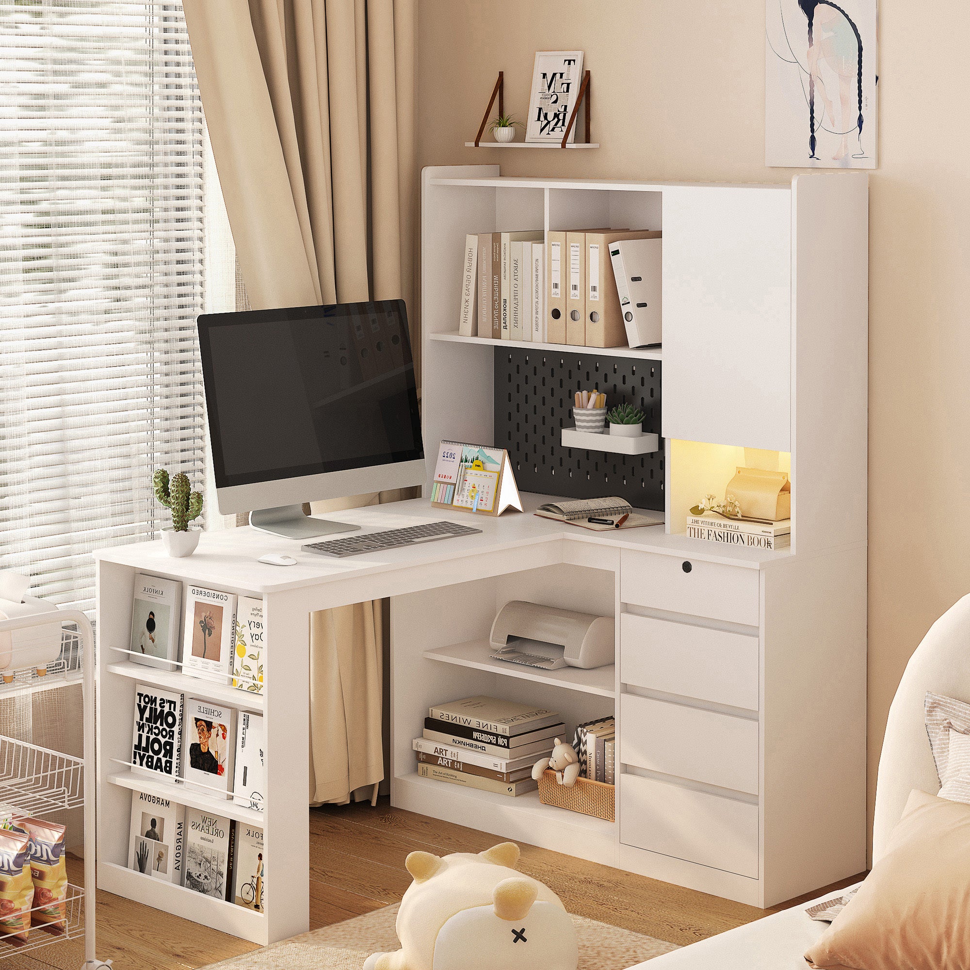 White L-shaped computer desk with charging station — front view