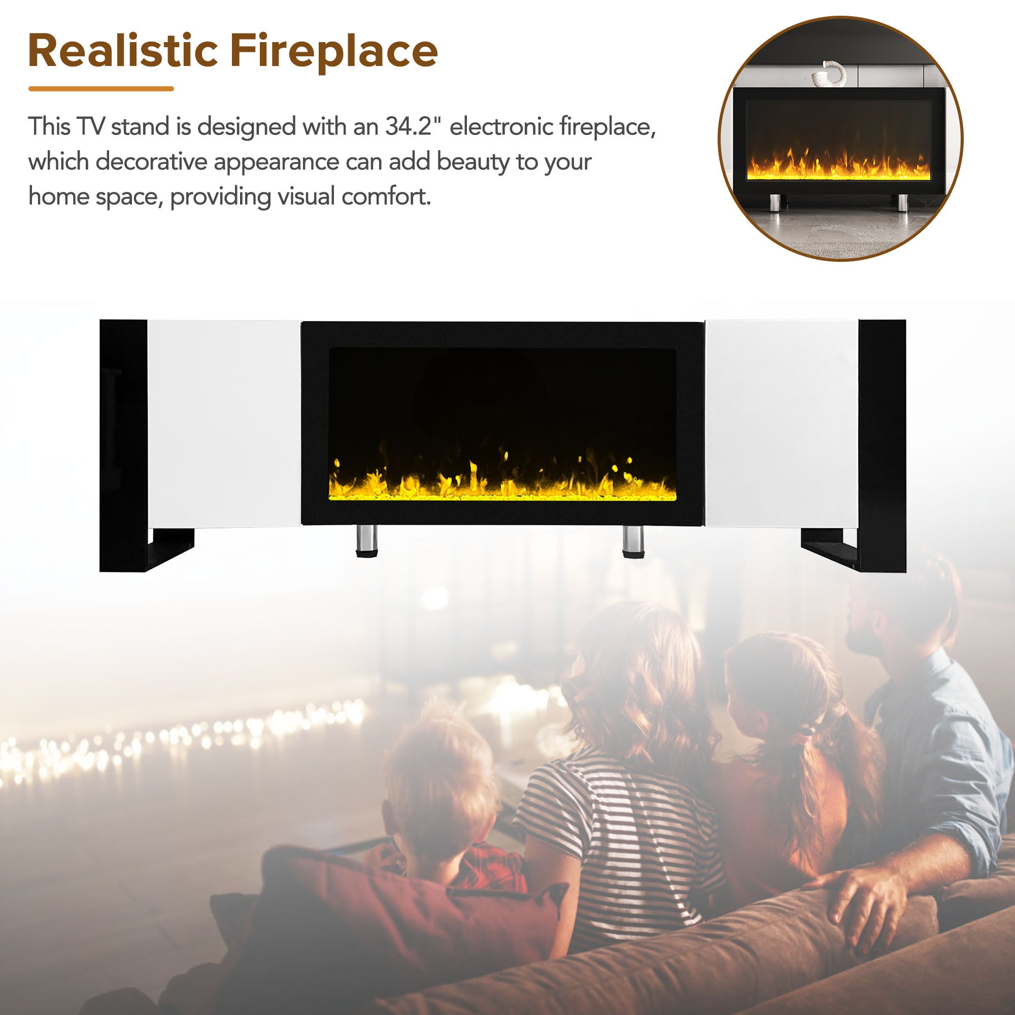White TV stand with LED flame effect and 2 storage cabinets