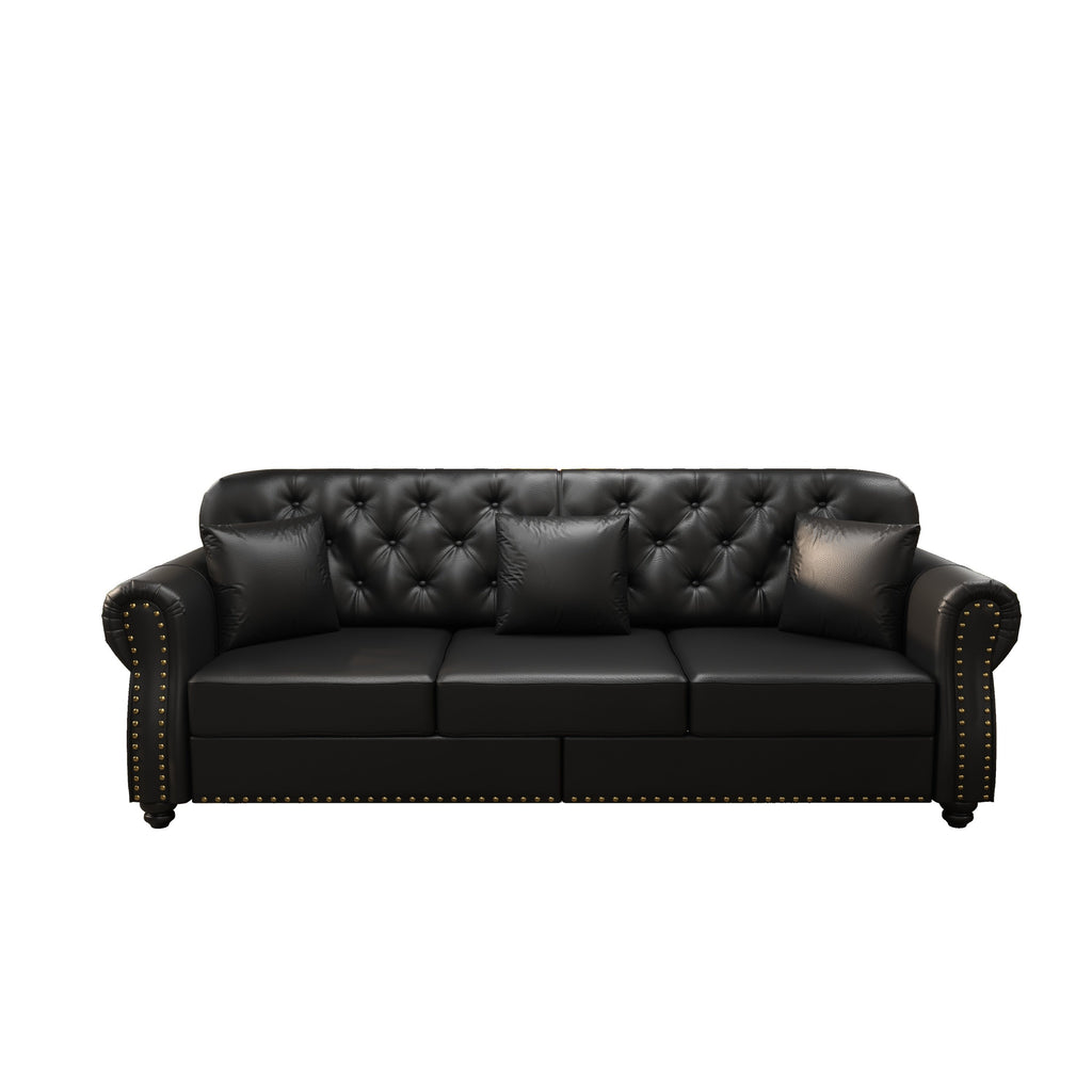 82.6'Upholstered Faux Leather Sofa with Nailhead Trim and Rolled Armrests,Mid-Century Modern Chesterfield Sofa with Button Tufted,Includes 3 Pillows,Black