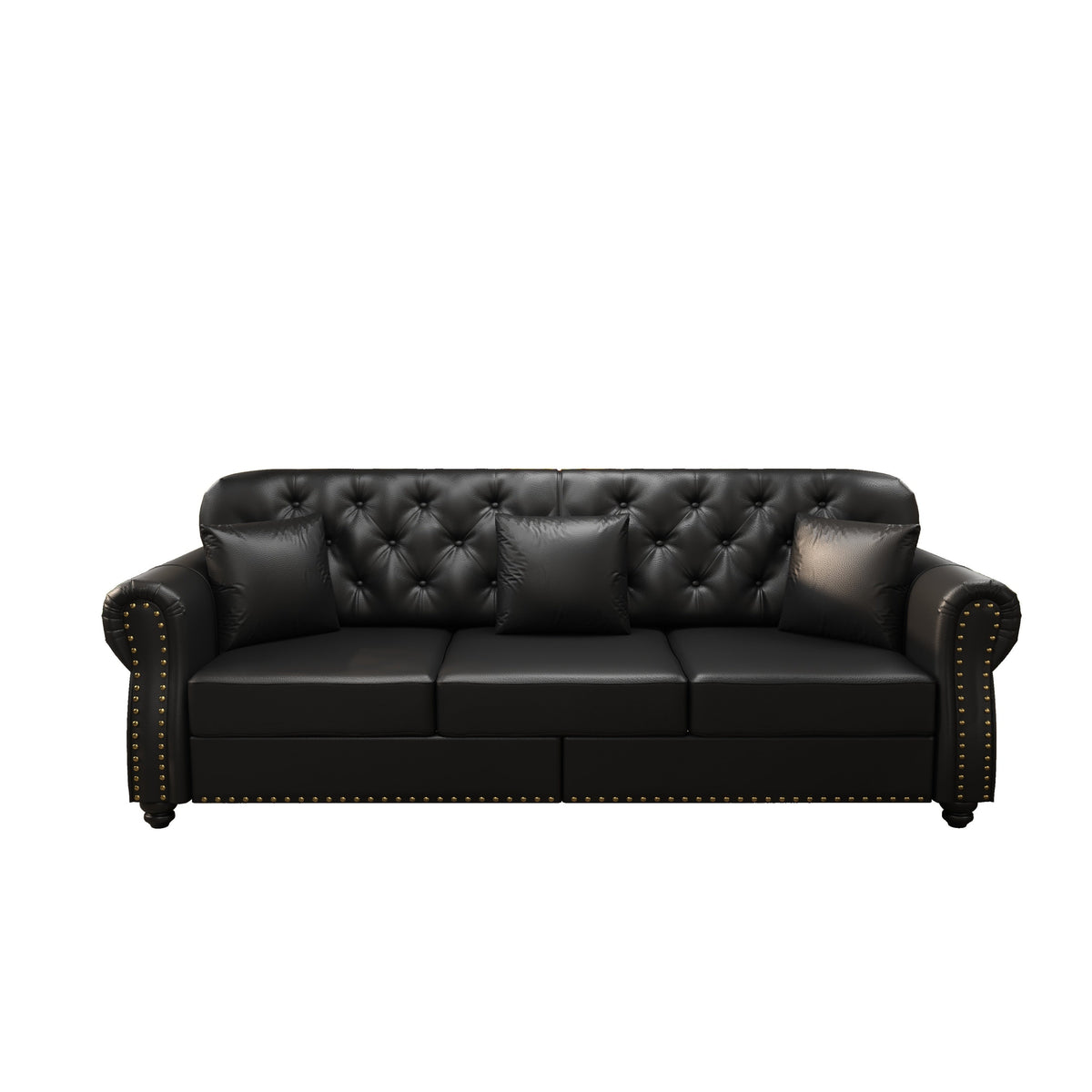 82.6'Upholstered Faux Leather Sofa with Nailhead Trim and Rolled Armrests,Mid-Century Modern Chesterfield Sofa with Button Tufted,Includes 3 Pillows,Black