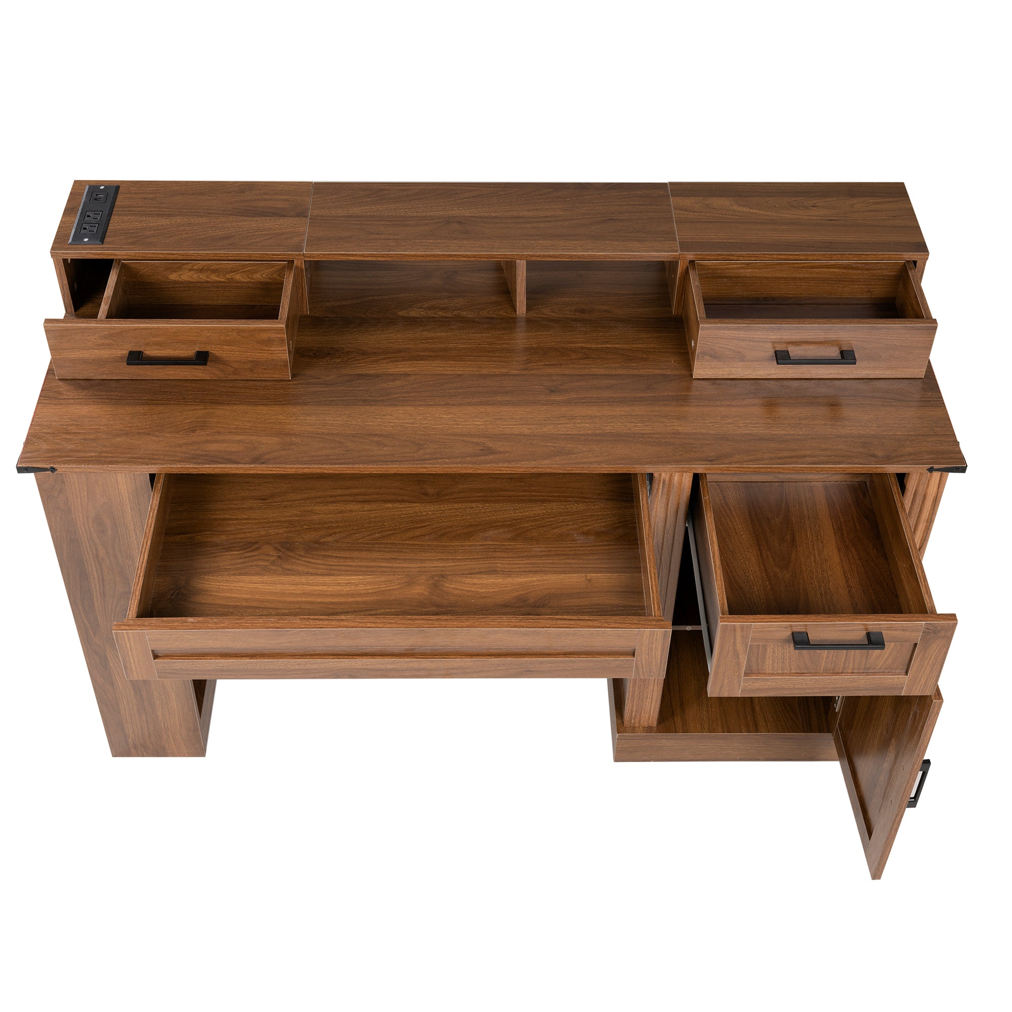 Dark walnut desk monitor stand detachable support plate detail