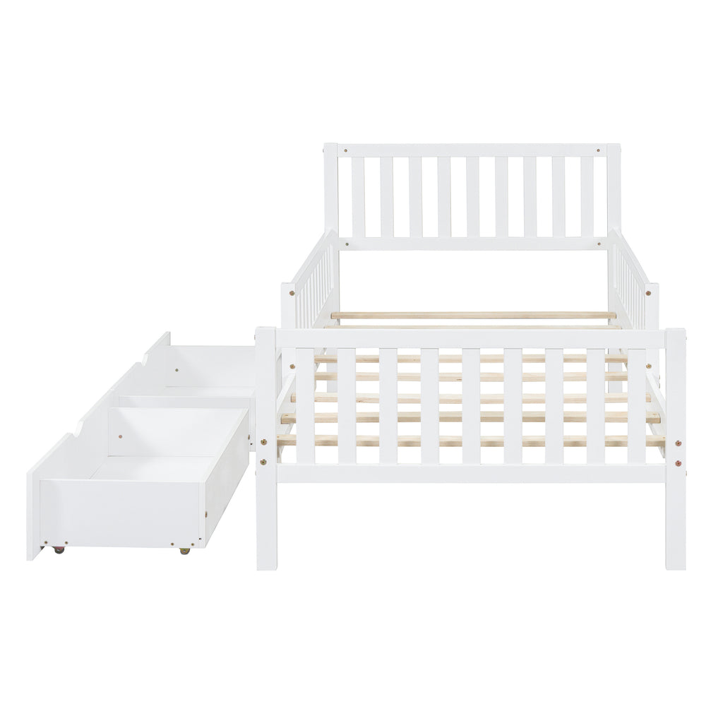 Platform bed slat system close-up — eight solid wood slats