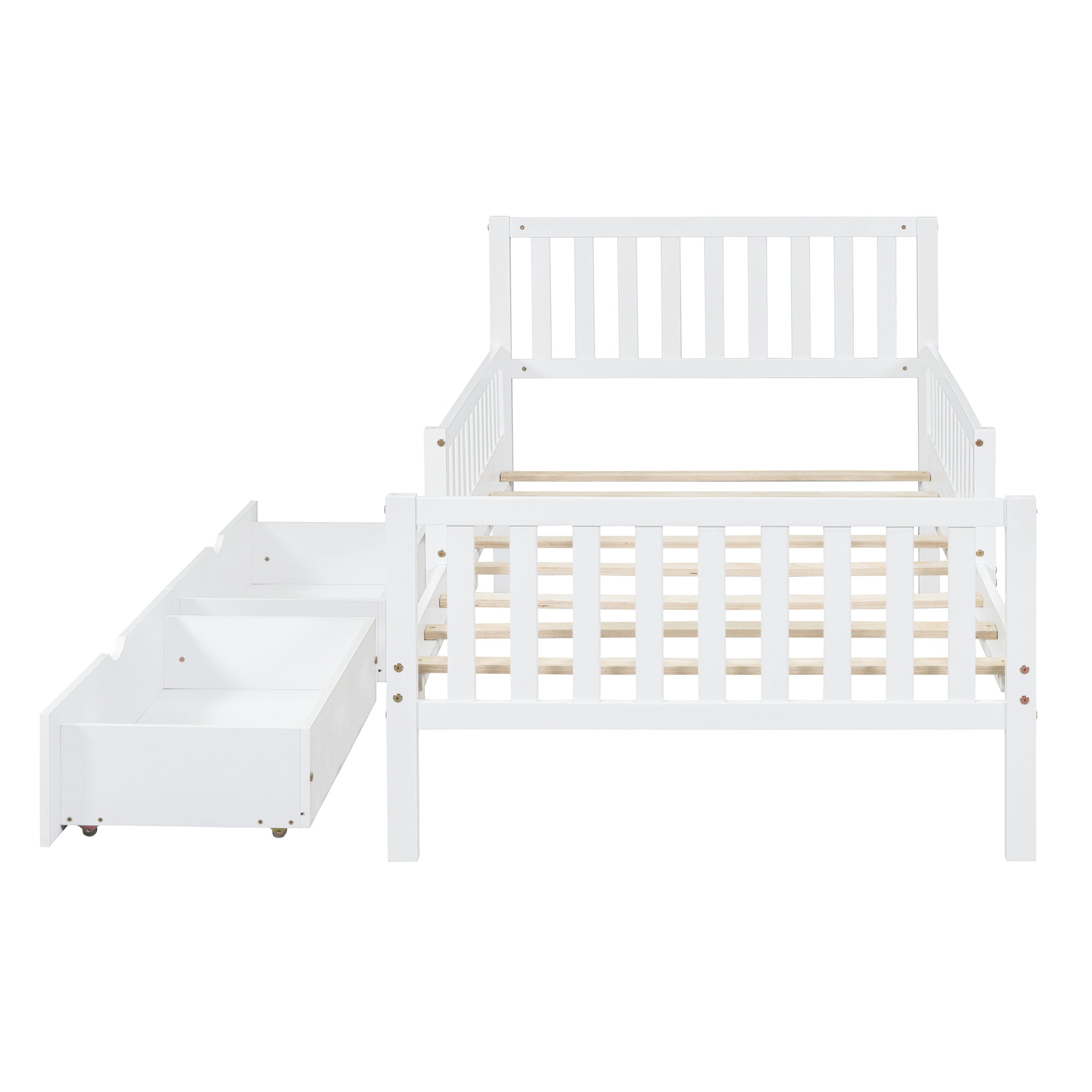 Platform bed slat system close-up — eight solid wood slats