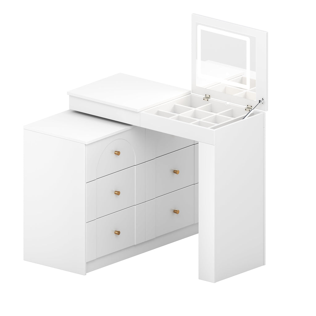 Vanity Desk with Mirror and Lights, Makeup Vanity Table with Flip-Top Tabletop and Storage 7 Drawers, 9 Compartments, 3 Shelves, 3 Color Modes Adjustable Makeup Table for Bedroom, Walnut (N733P279096)