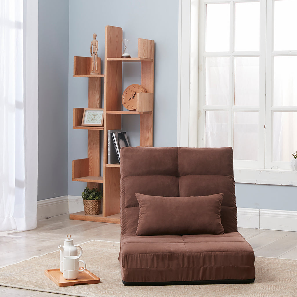 Brown adjustable floor sofa bed — angle view