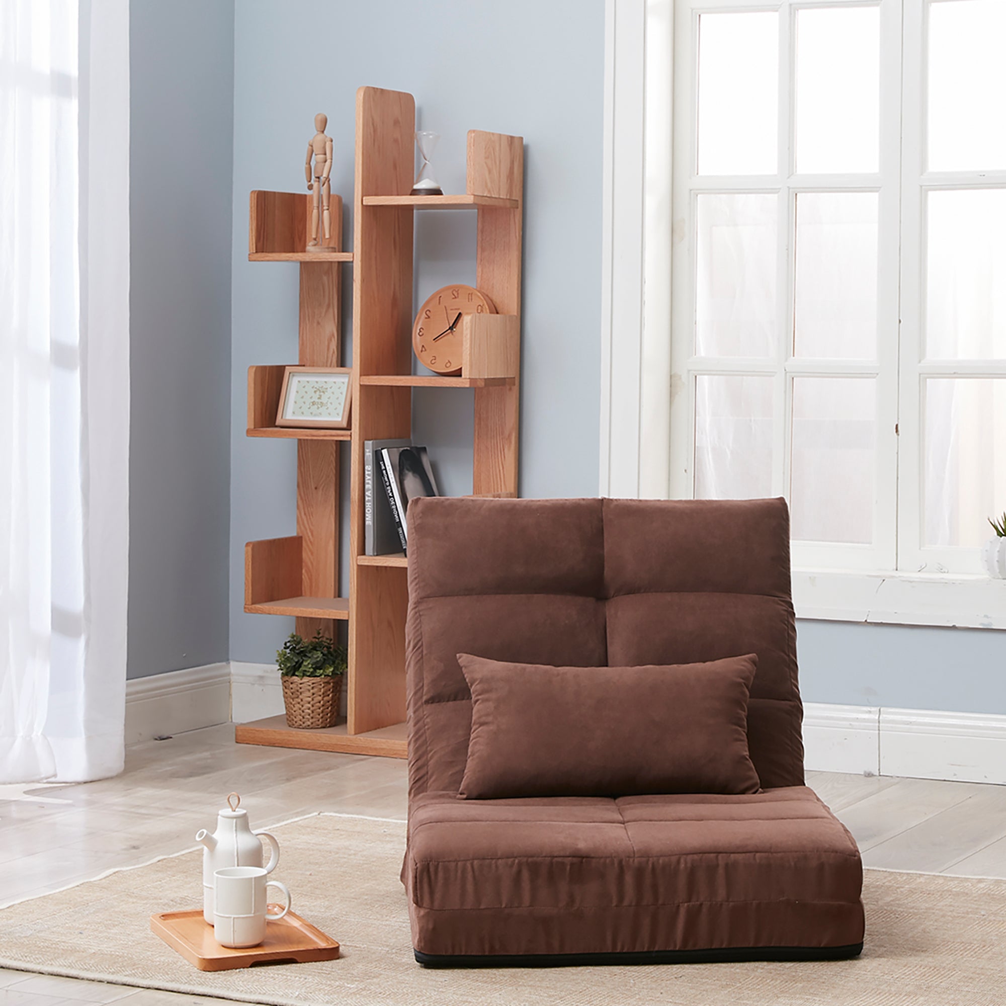 Brown adjustable floor sofa bed — angle view