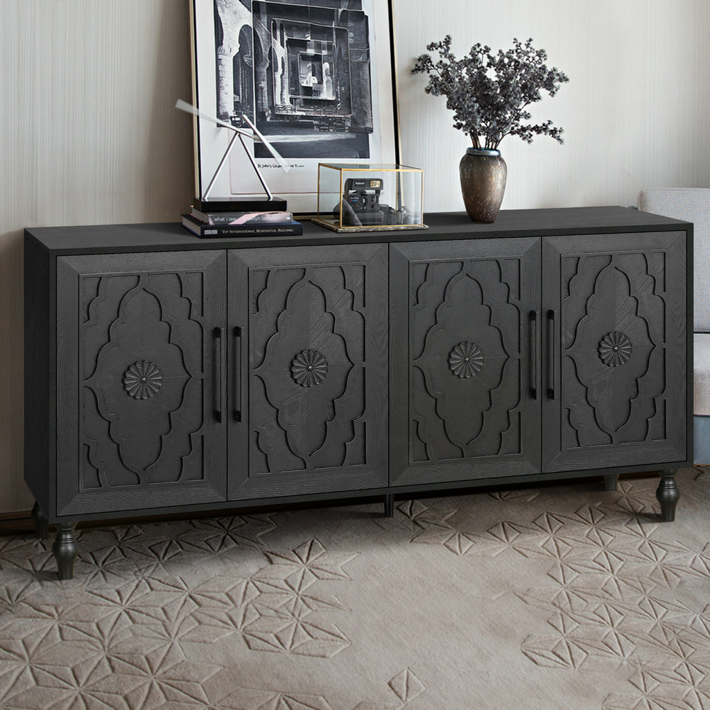 Tall black storage cabinet with metal handles — angle view