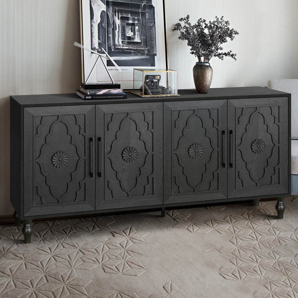 Carved Flower Door Storage Cabinet — Metal Handles