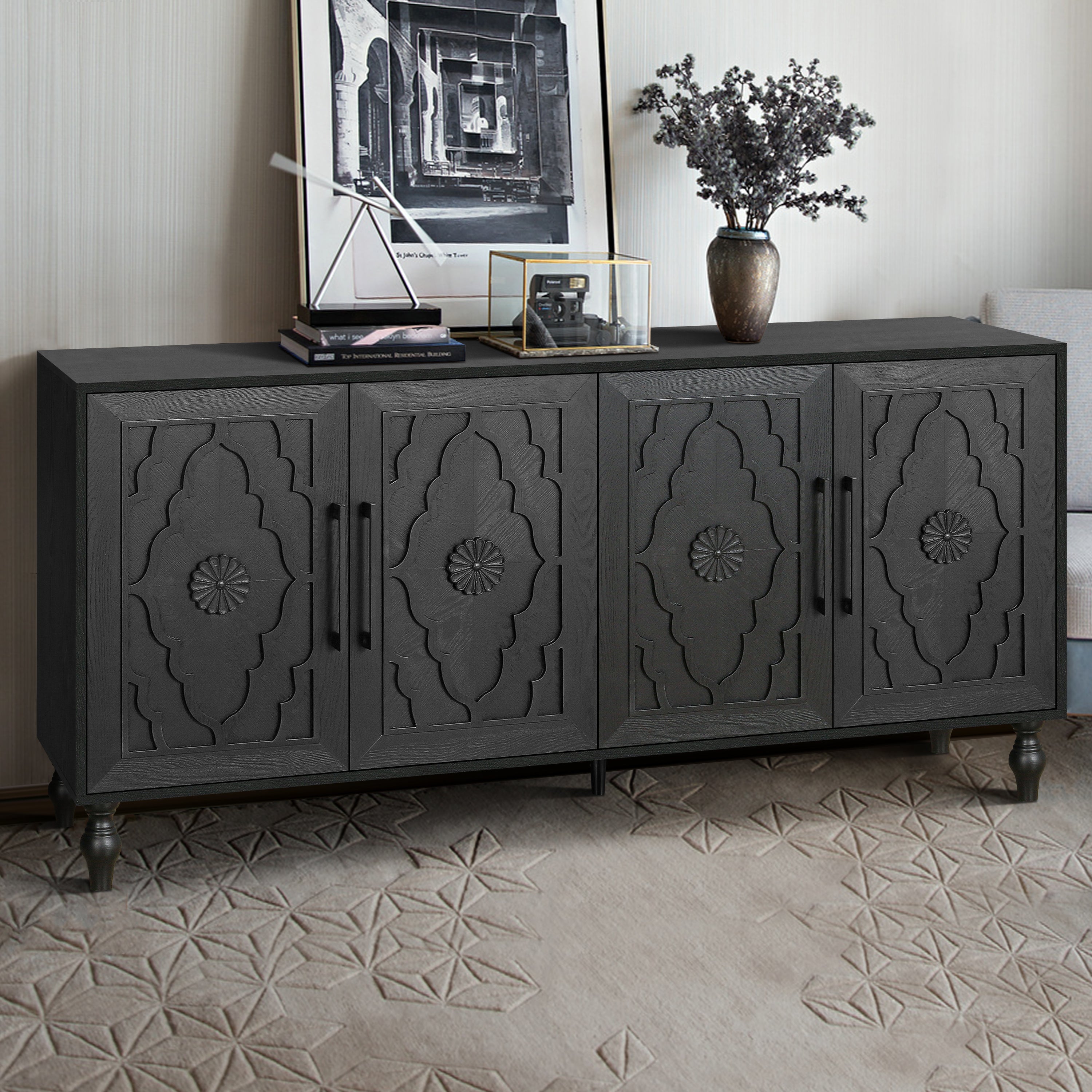 Carved Flower Door Storage Cabinet — Metal Handles