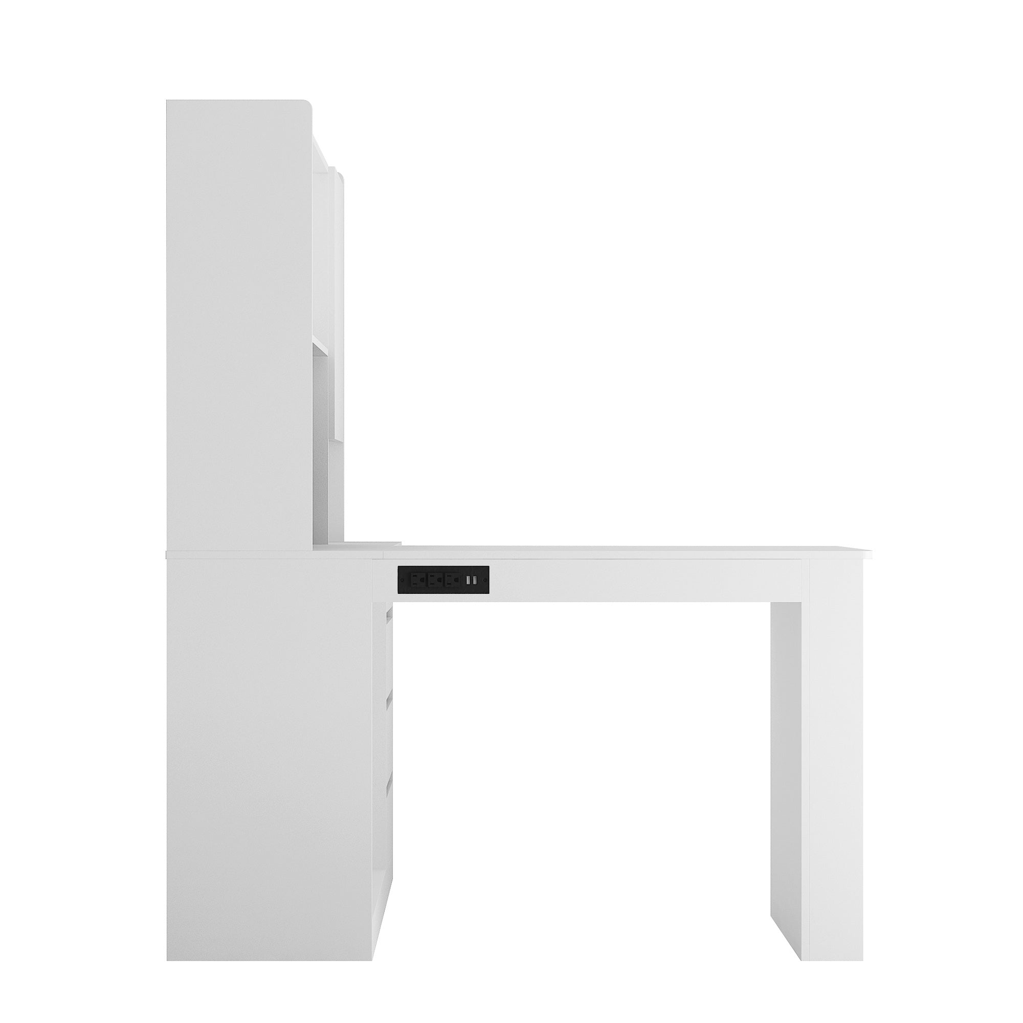 White L-shaped desk storage cabinet and drawers close-up