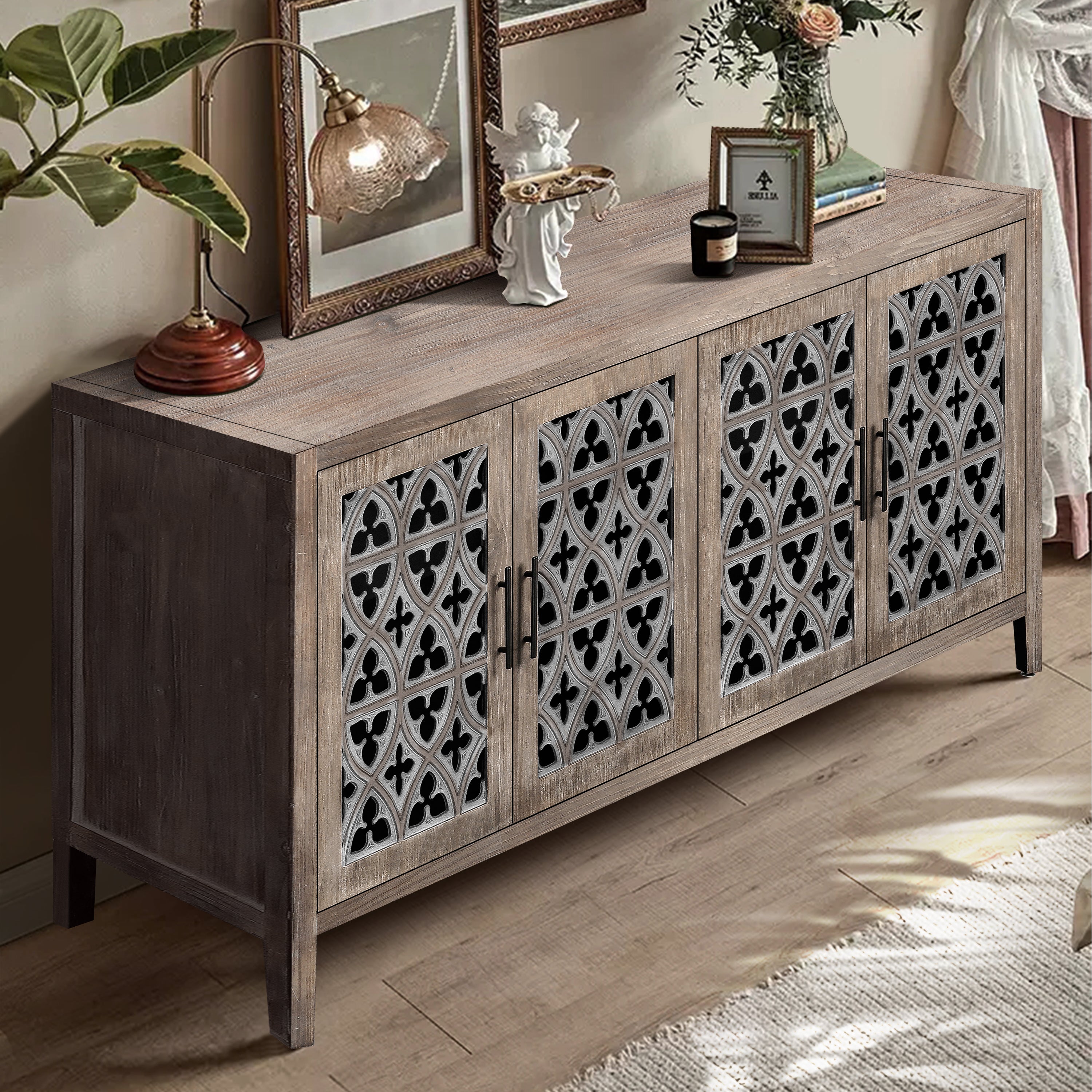 Hollow floral door sideboard antique brown — angle view