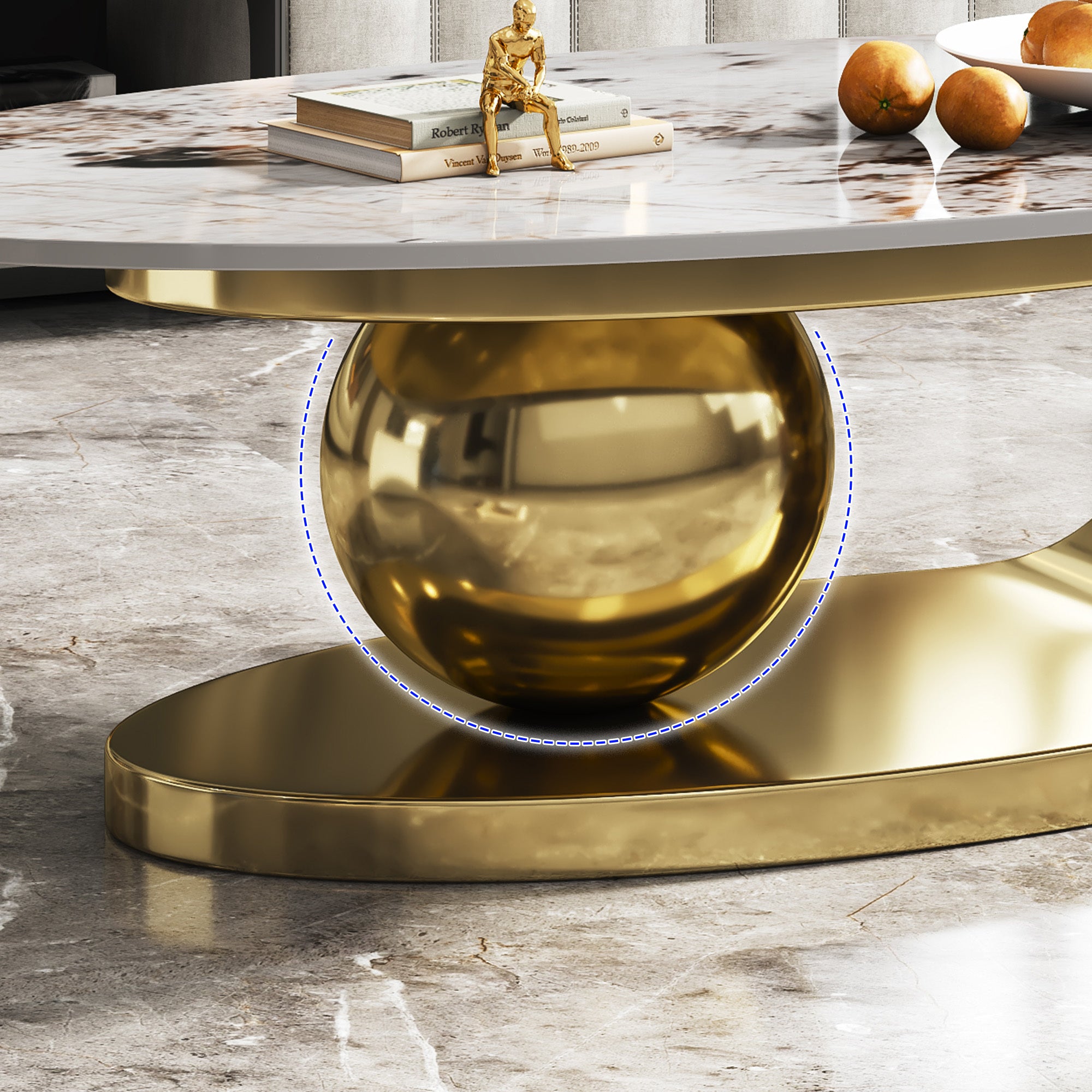 Modern oval coffee table central stainless steel ball support detail