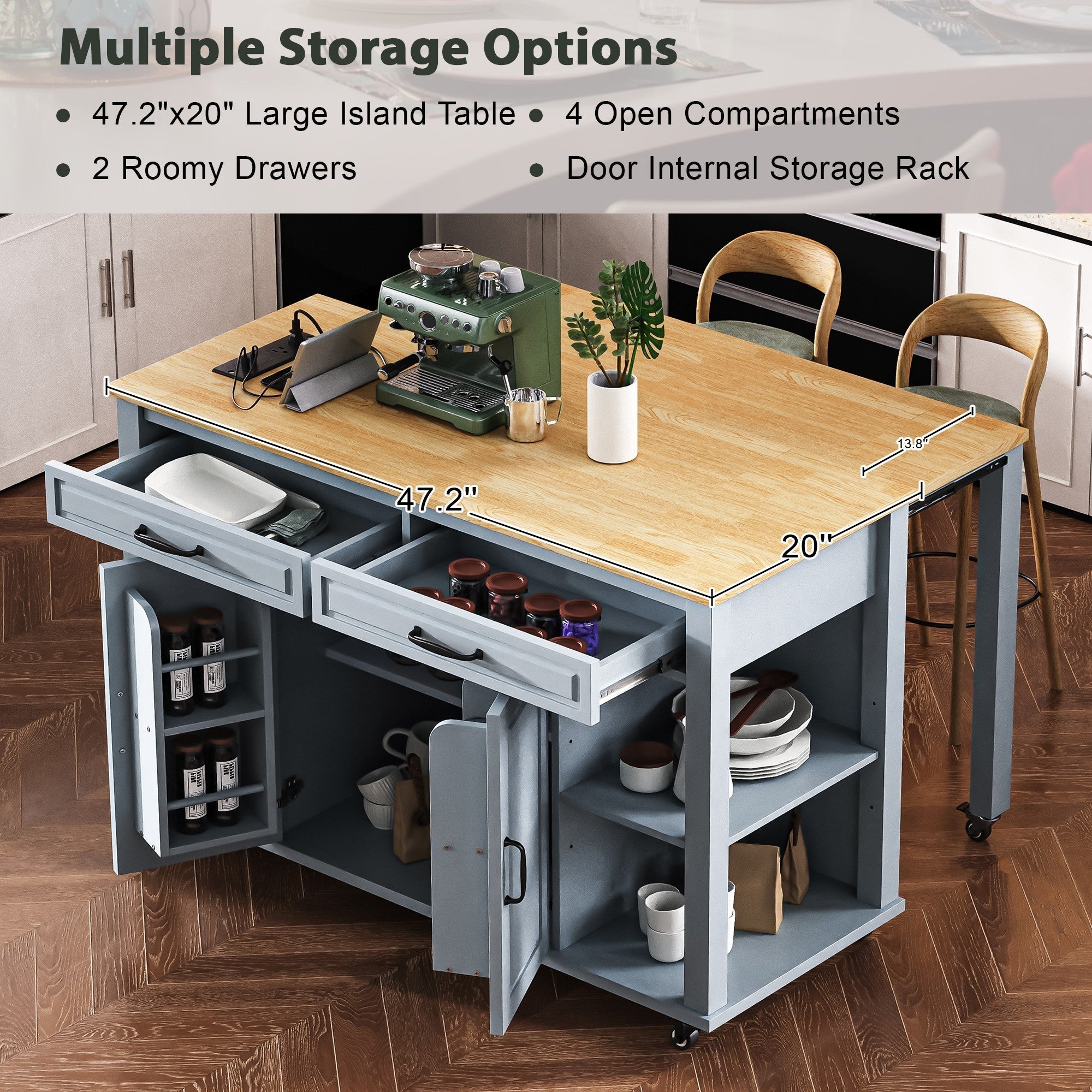 K&K 47 inch Kitchen Island with Extendable Dining Table, Rubber Wood Veneer Kitchen Table with Internal Storage Rack, Power Outlet, Kitchen island with Storage 2 Drawers 2 Cabinet, Black
