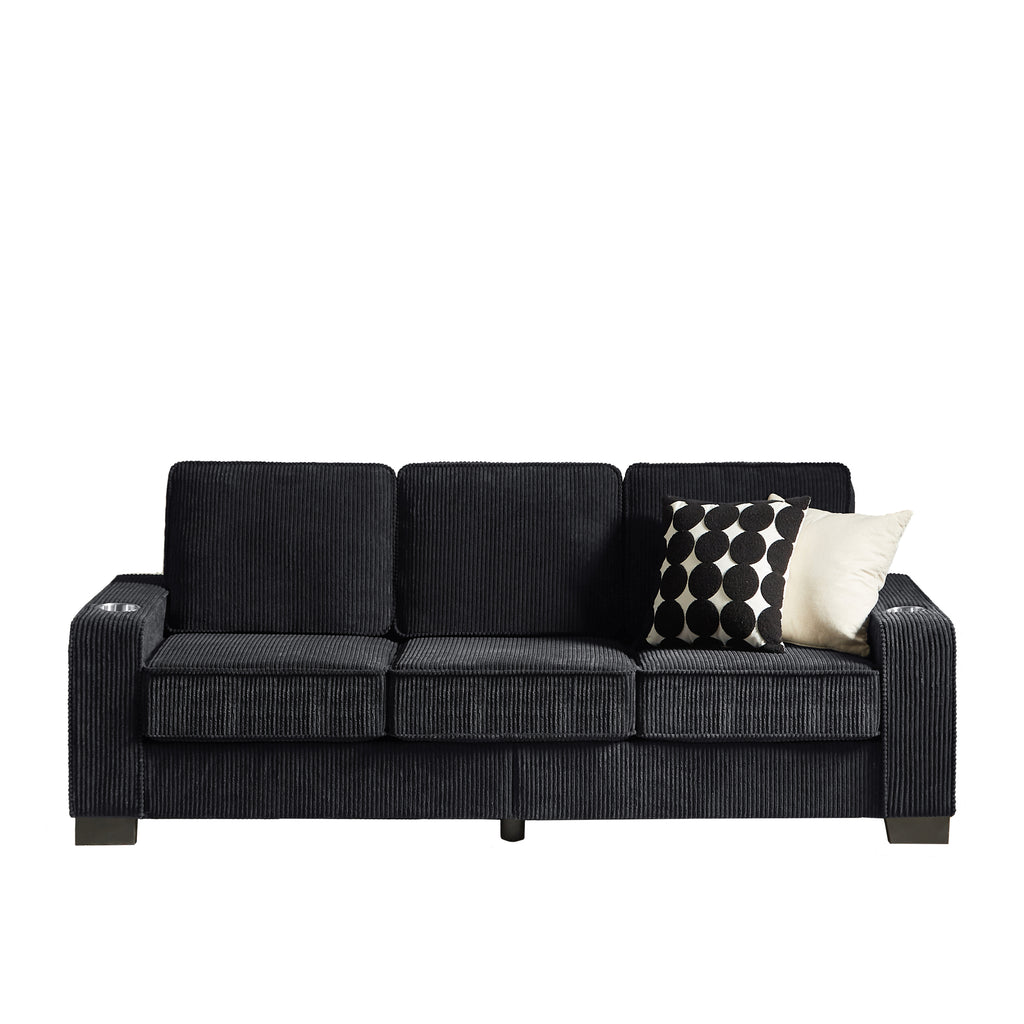 Black corduroy 3-seater sofa angled view cup holders and cushions
