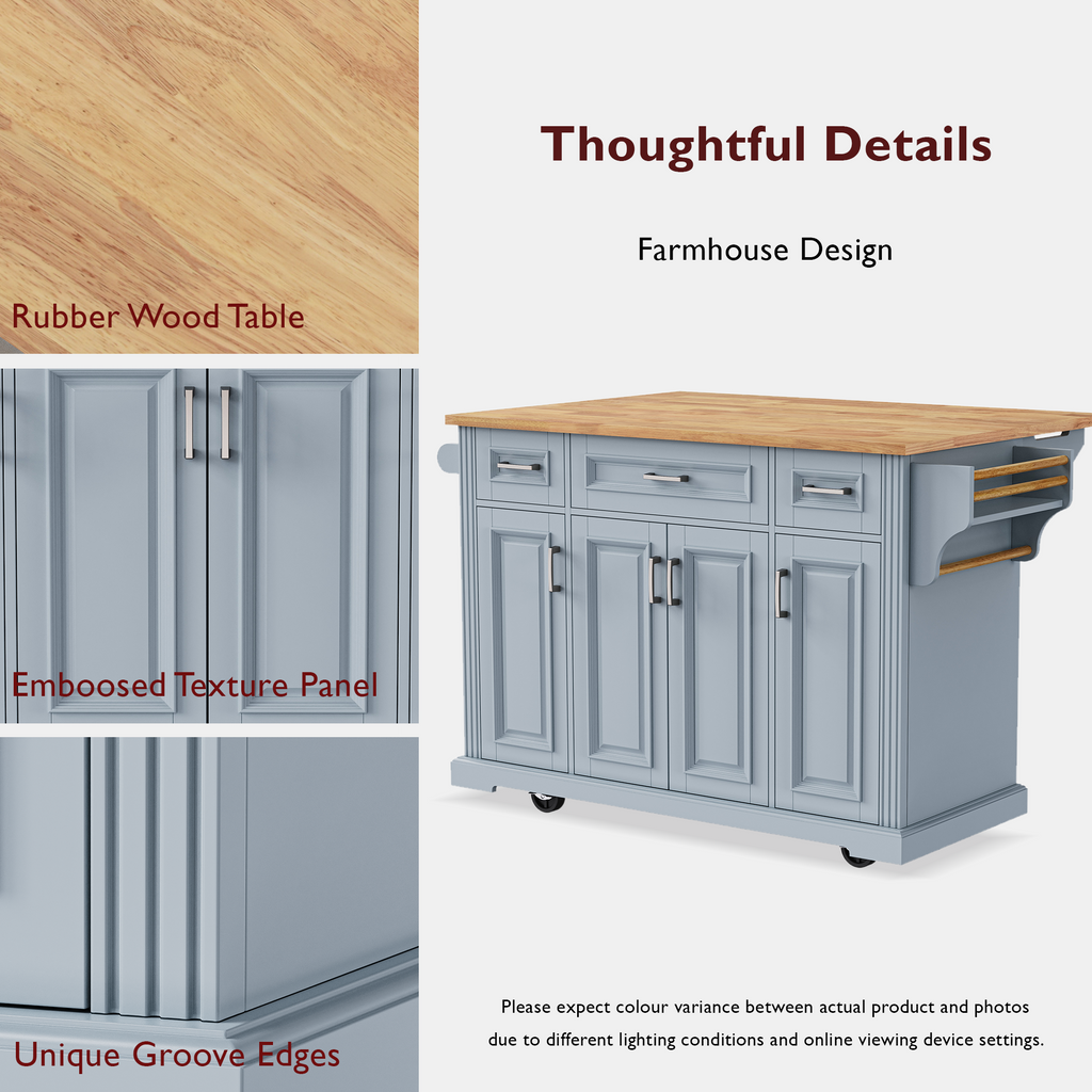 K&K 54inch Large Kitchen Island with Rubber Wood Drop Leaf, Embossed Texture Rolling Kitchen Cart on 4 Wheels with 4 Doors and 3 Drawers, Kitchen Island with Storage for Kitchen, Dining Room,Black