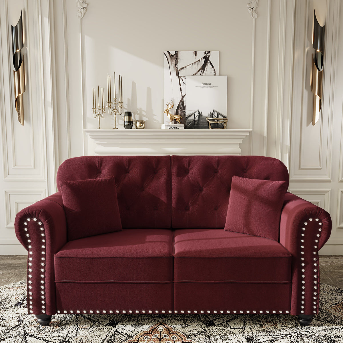 63'Upholstered Velvet Sofa with Nailhead Trim and Rolled Armrests,Mid-Century Modern Chesterfield Sofa with Button Tufted,Includes 2 Pillows,Beige/White