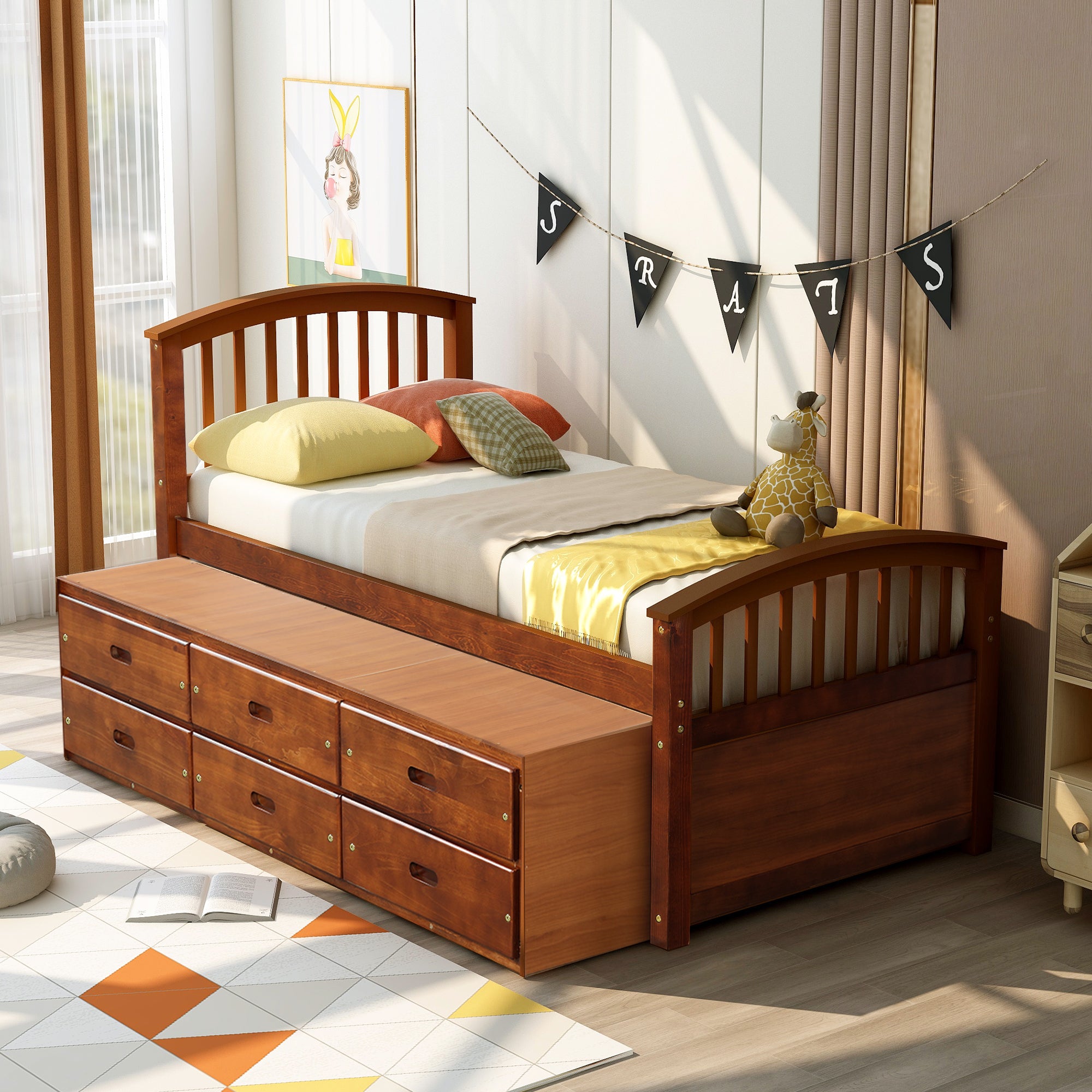 Solid wood twin platform bed in bedroom setting