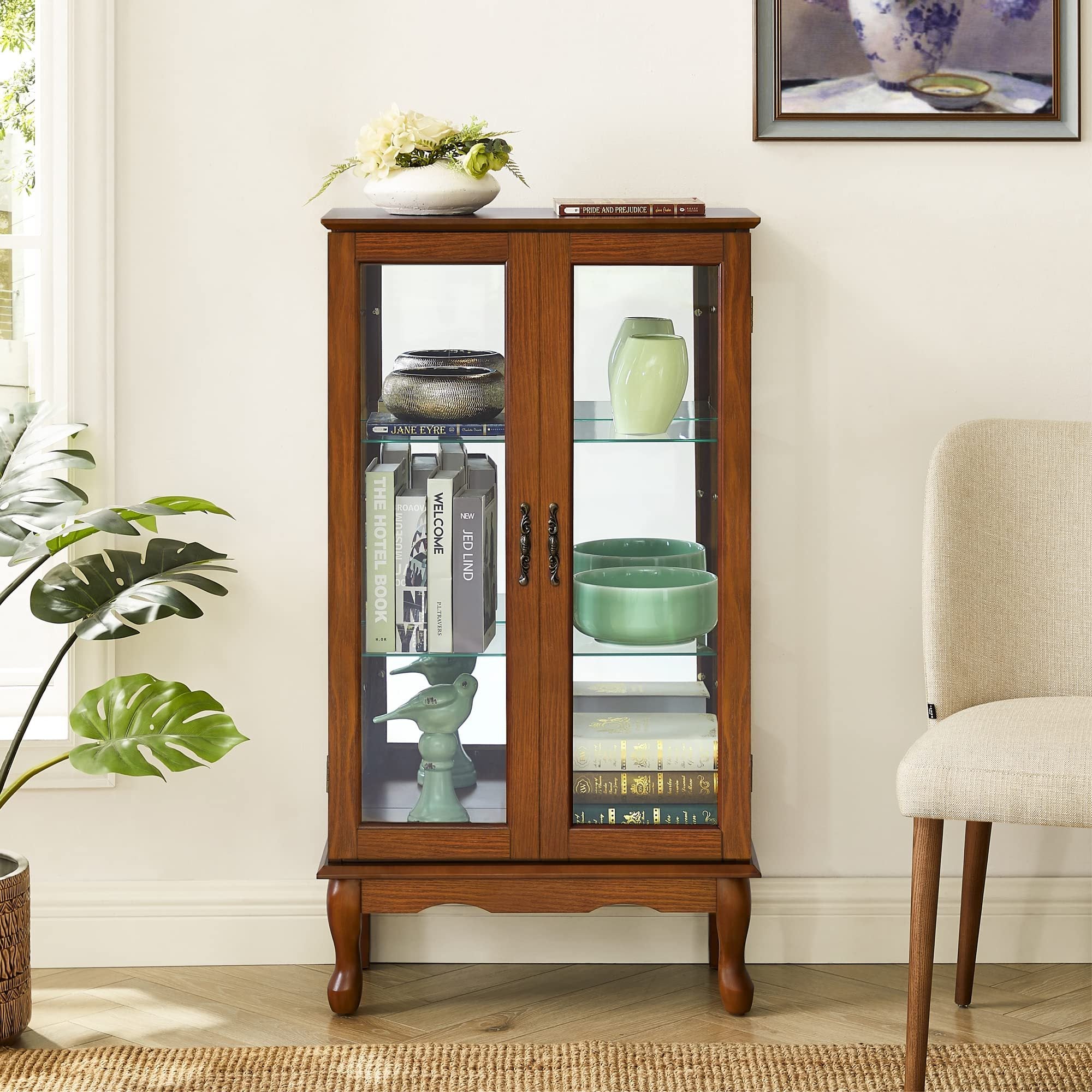 Glass door curio cabinet classic oak wood finish detail